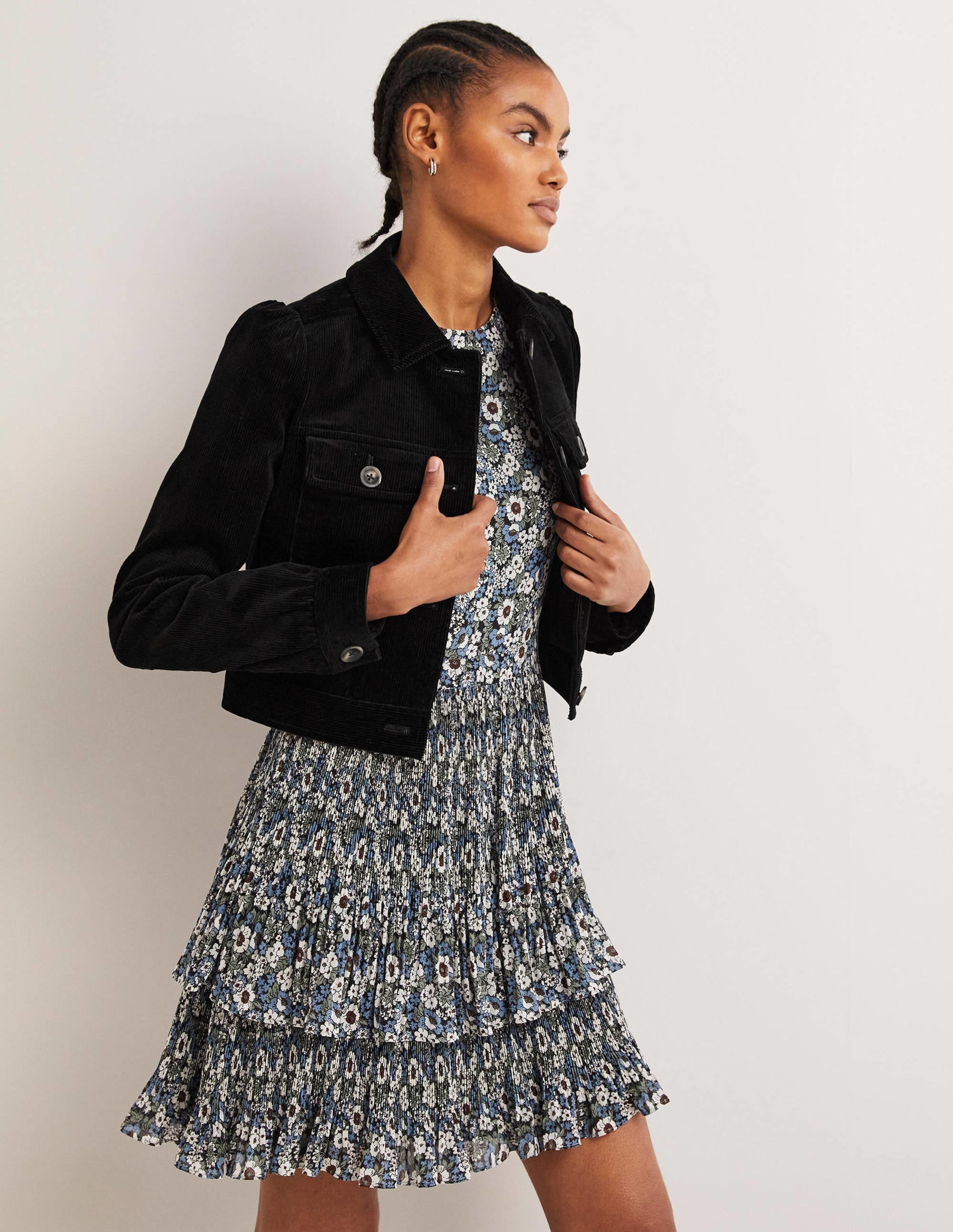 Cropped Cord Jacket-Black - Image 1
