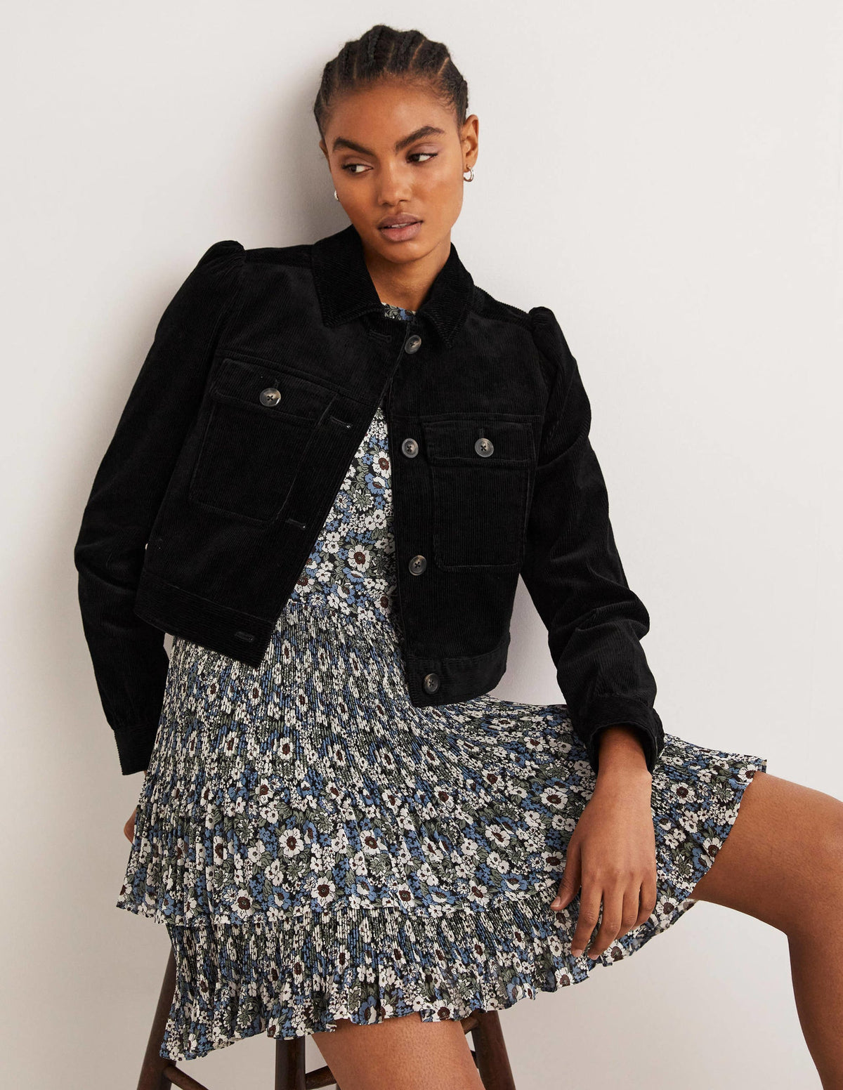 Cropped Cord Jacket-Black - Image 4