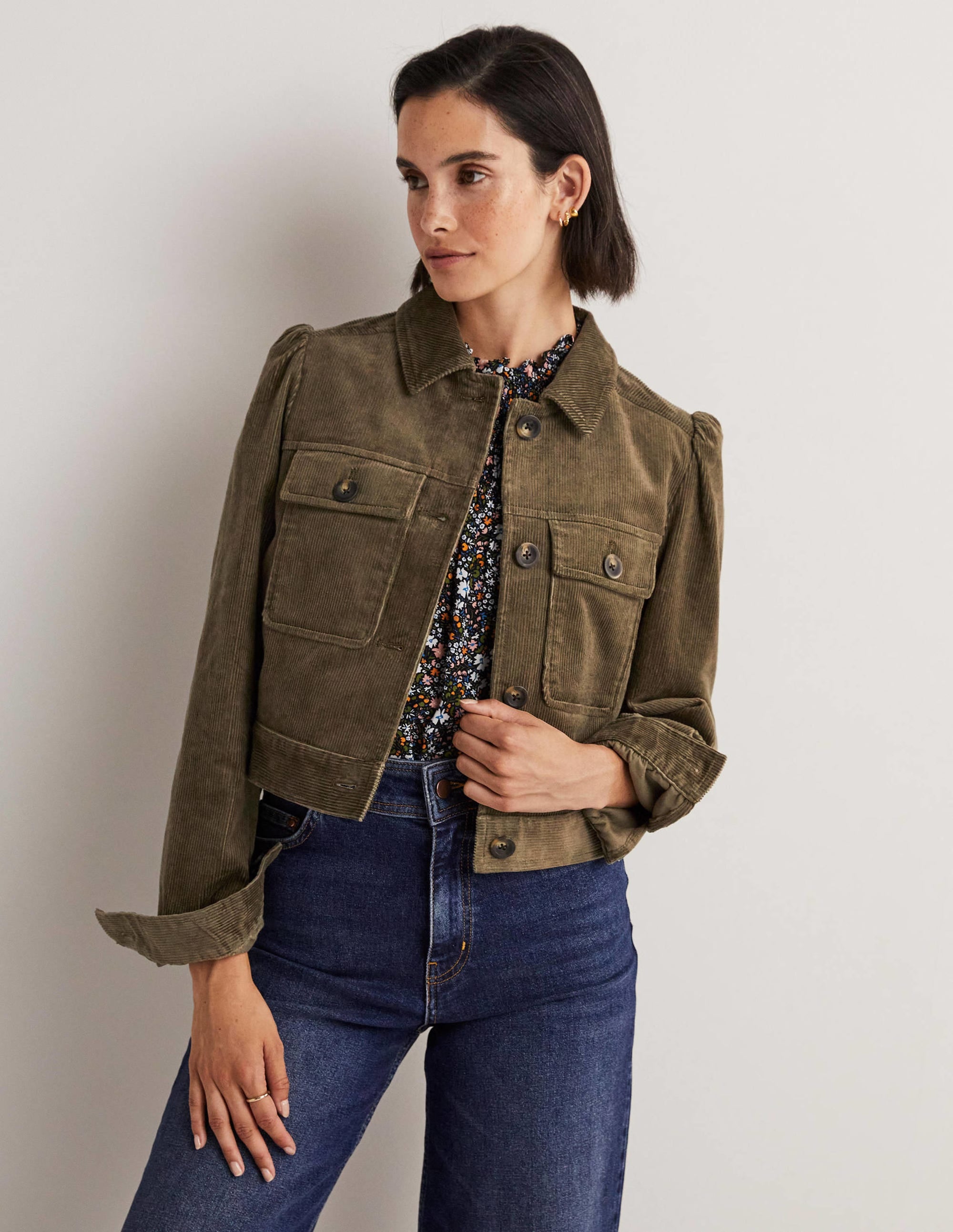 Cropped Cord Jacket-Khaki - Image 1