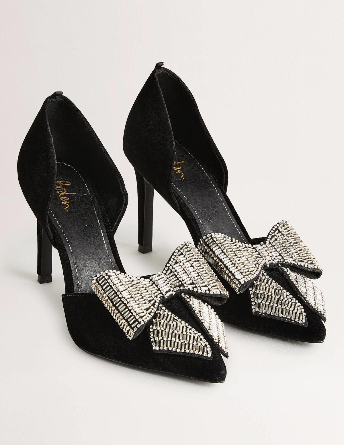 Bow Embellished Heeled Courts-Black Velvet-6