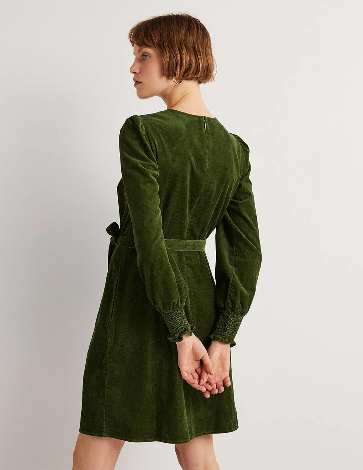 Smocked Cuff Corduroy Dress-Kale-3