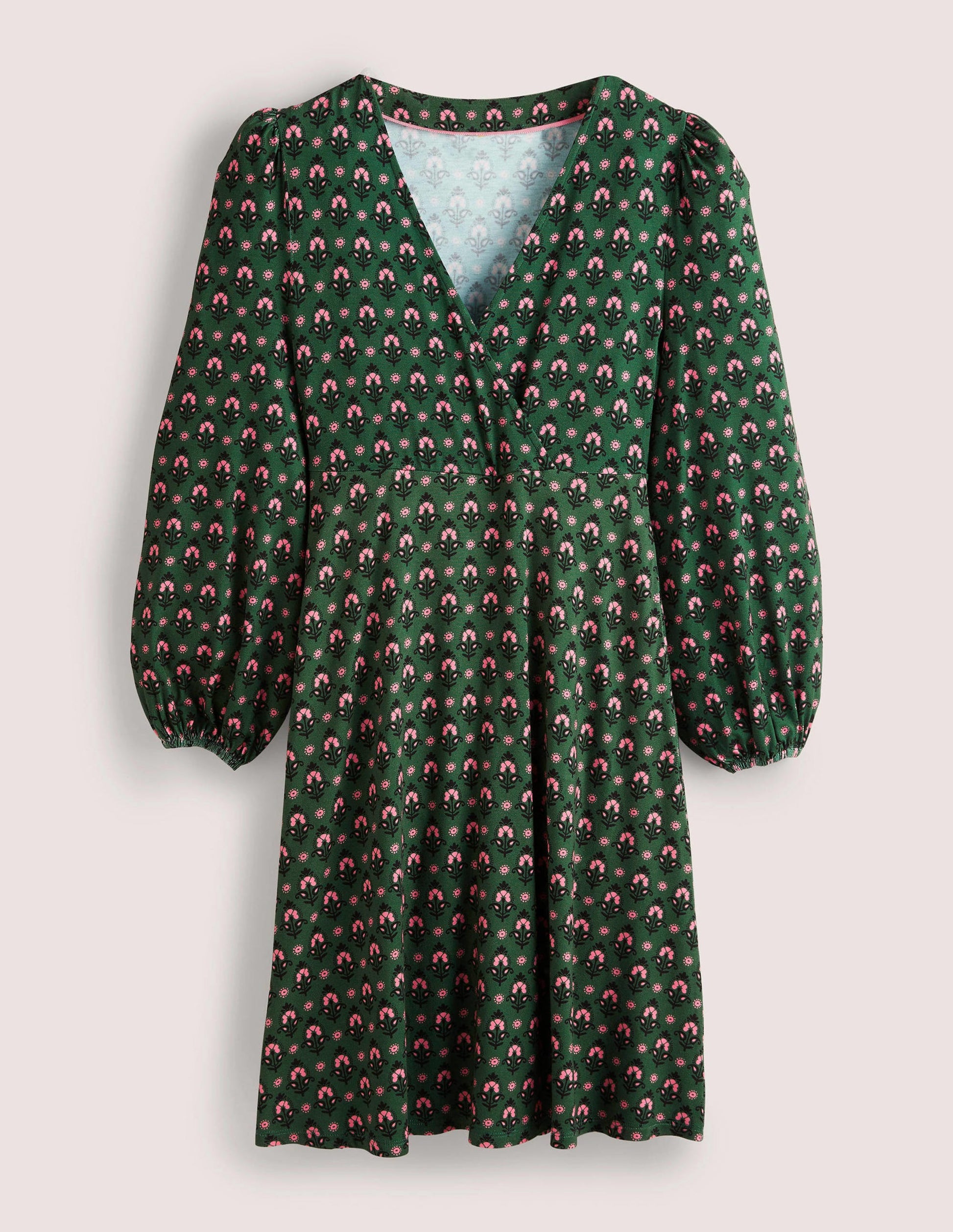 Easy Fixed Wrap Jersey Dress-Hunter Green, Tapestry Bud-5