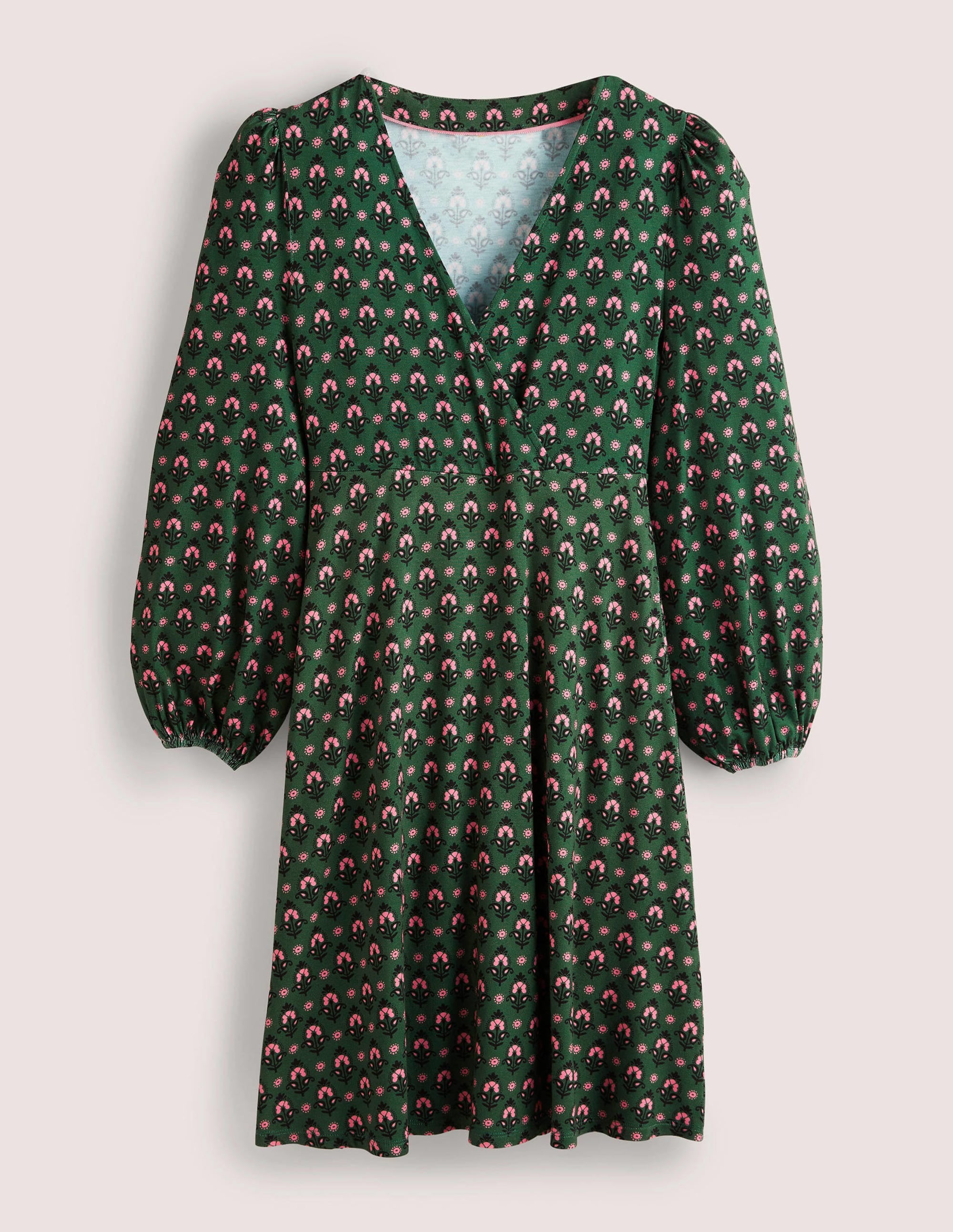 Easy Fixed Wrap Jersey Dress-Hunter Green, Tapestry Bud - Image 5