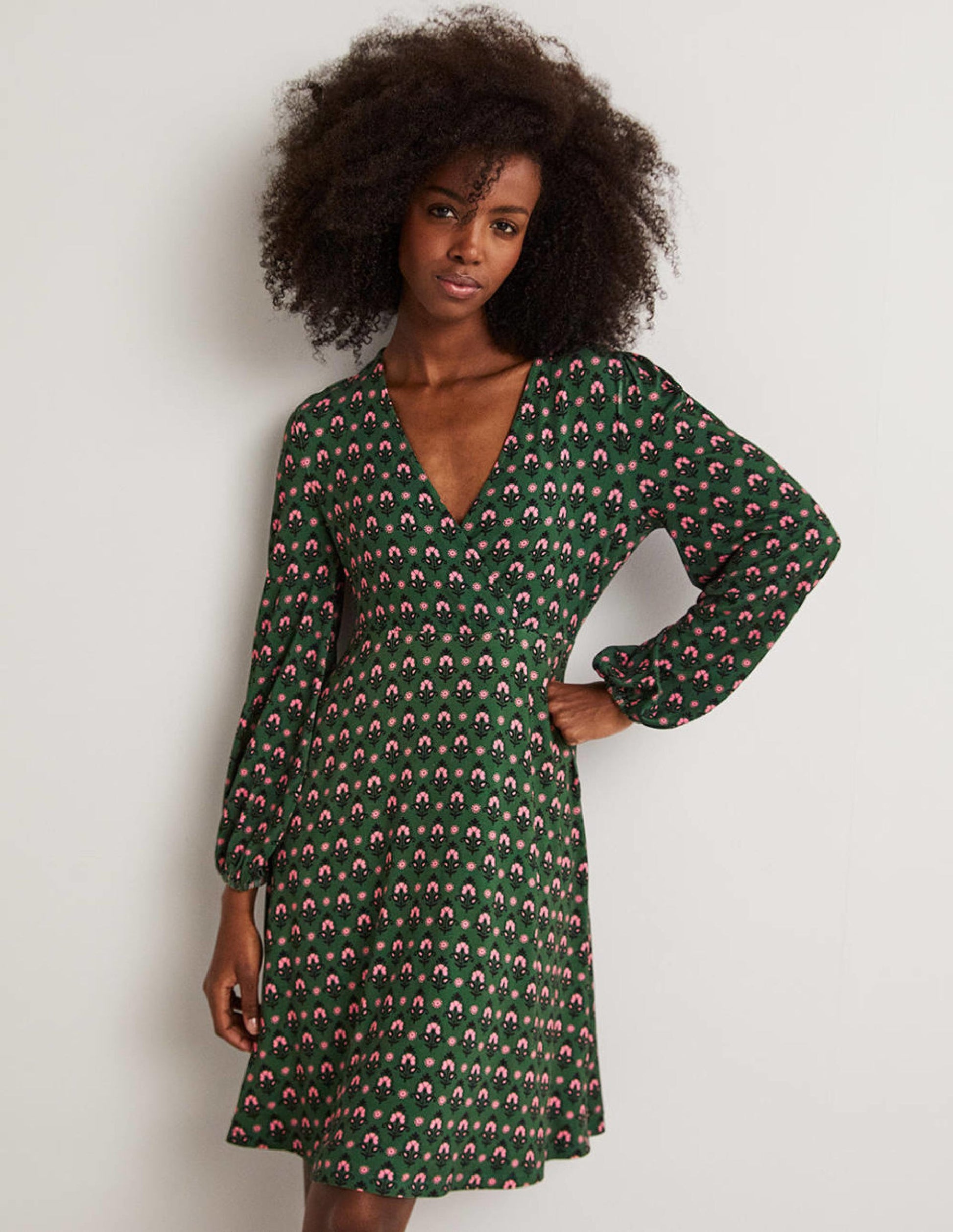 Easy Fixed Wrap Jersey Dress-Hunter Green, Tapestry Bud-1