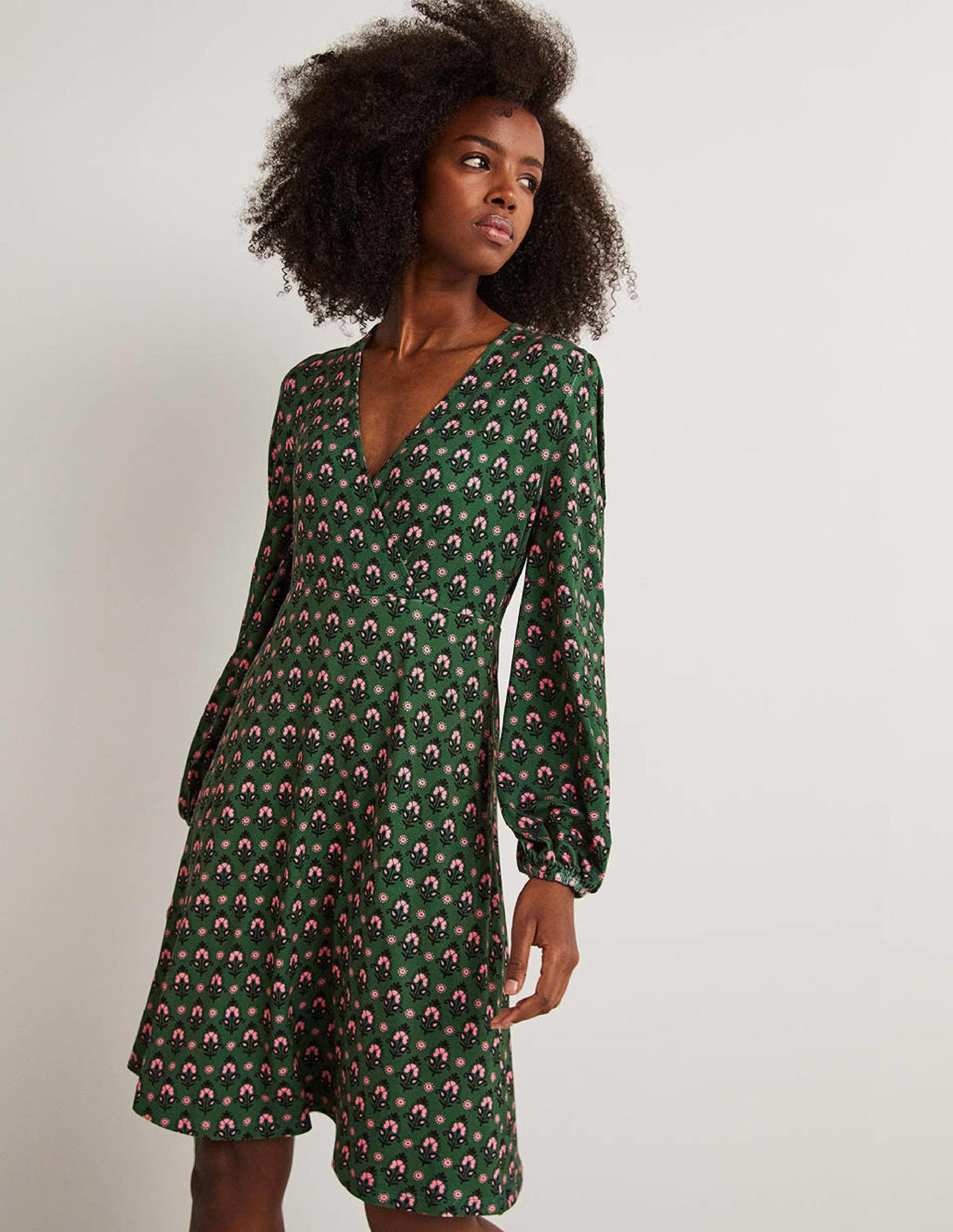 Easy Fixed Wrap Jersey Dress-Hunter Green, Tapestry Bud-4