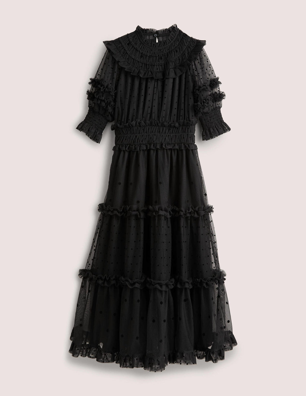 Black Polka Dot Tulle Midi Dress-Black - Image 7