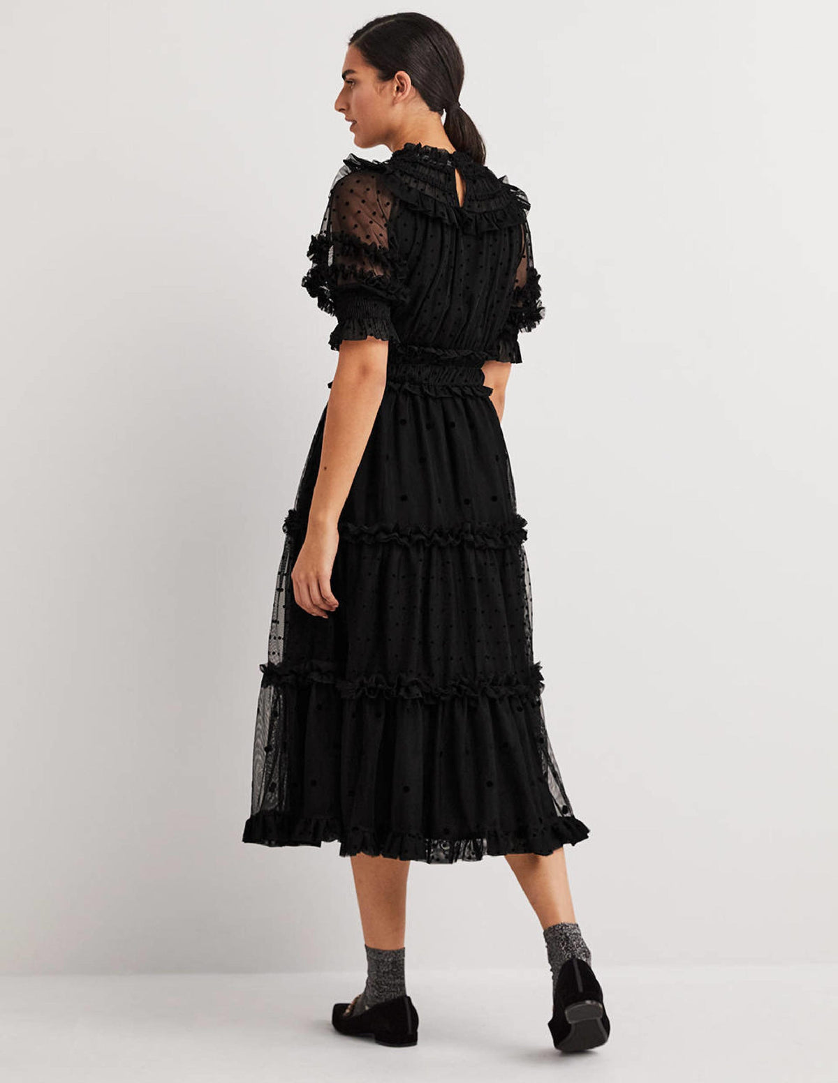 Black Polka Dot Tulle Midi Dress-Black-3