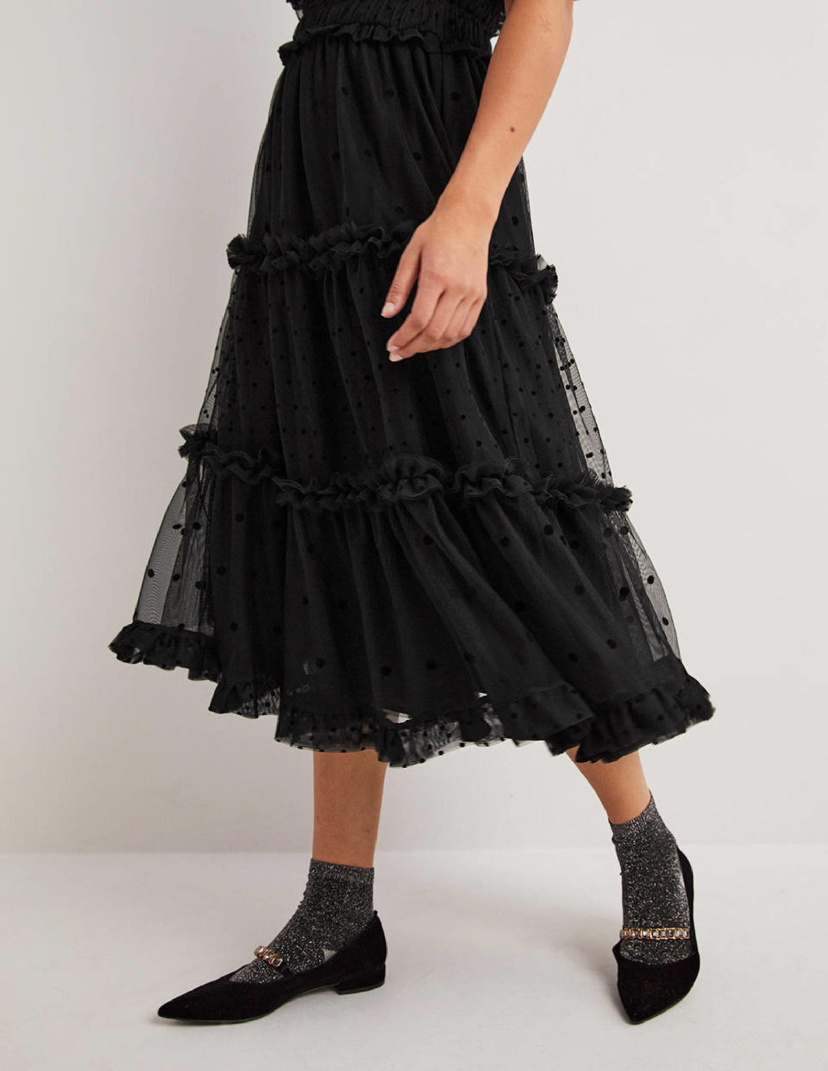 Black Polka Dot Tulle Midi Dress-Black-5