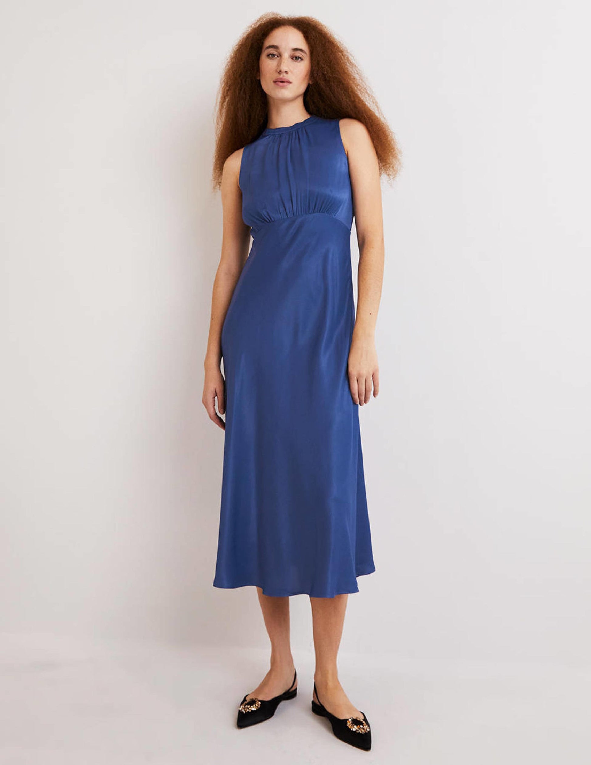 Blue Bias-cut Satin Midi Dress-Sea Blue-4