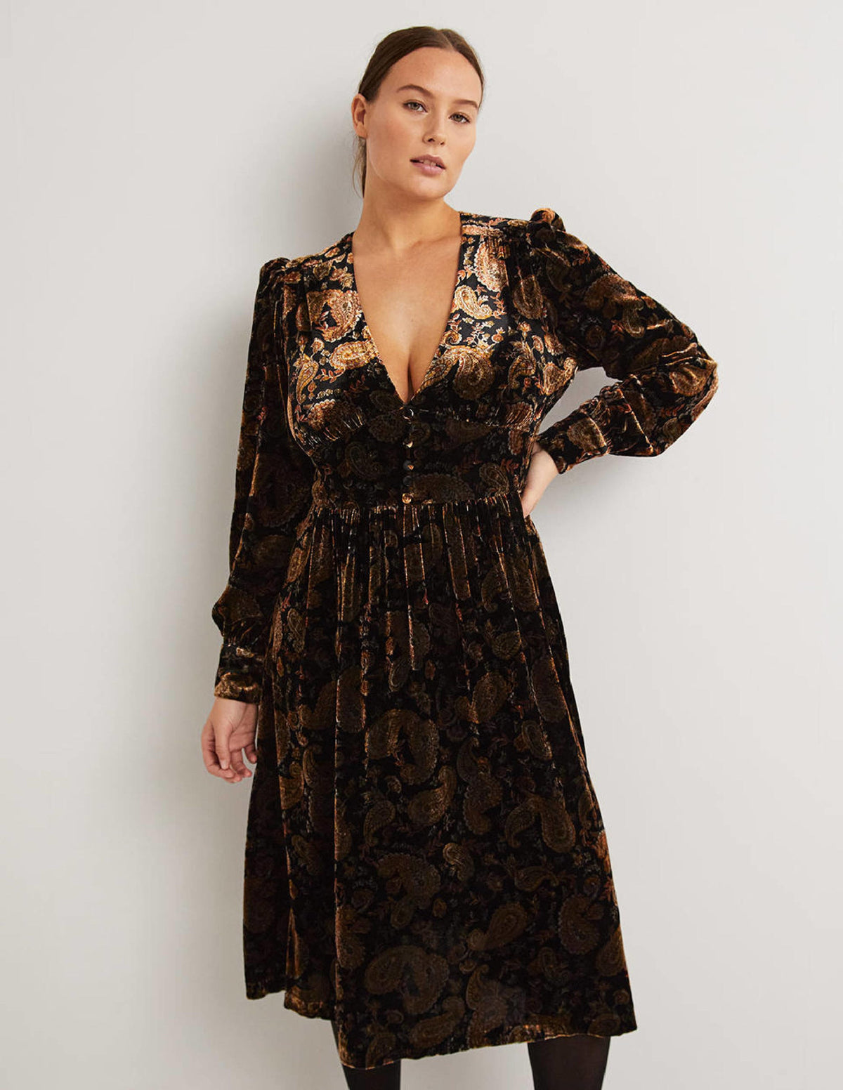 Black Paisley Velvet Midi Party Dress-Black, Paisley Passion - Image 1