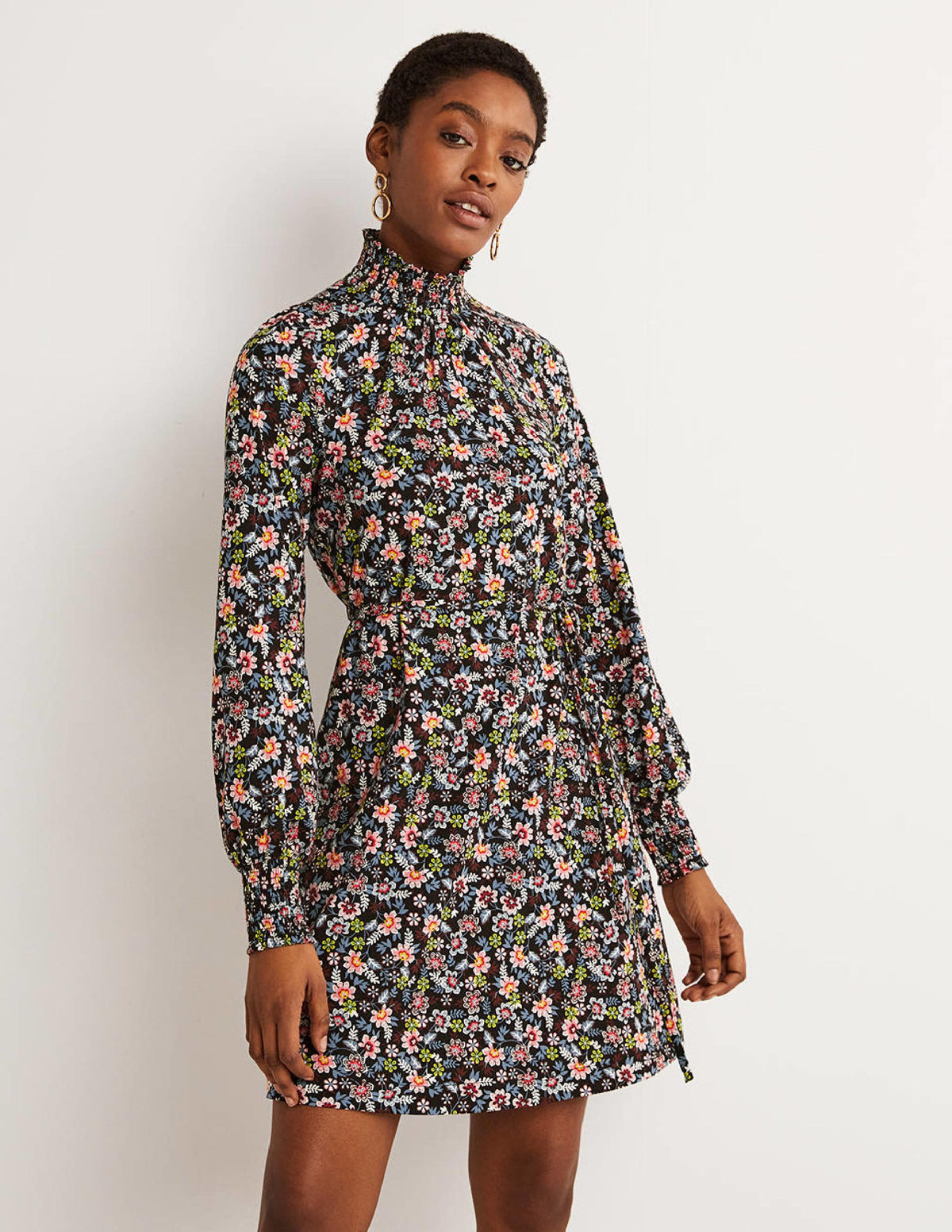 Black Floral High-Neck Shift Dress-Black, Opulent Leaf-1