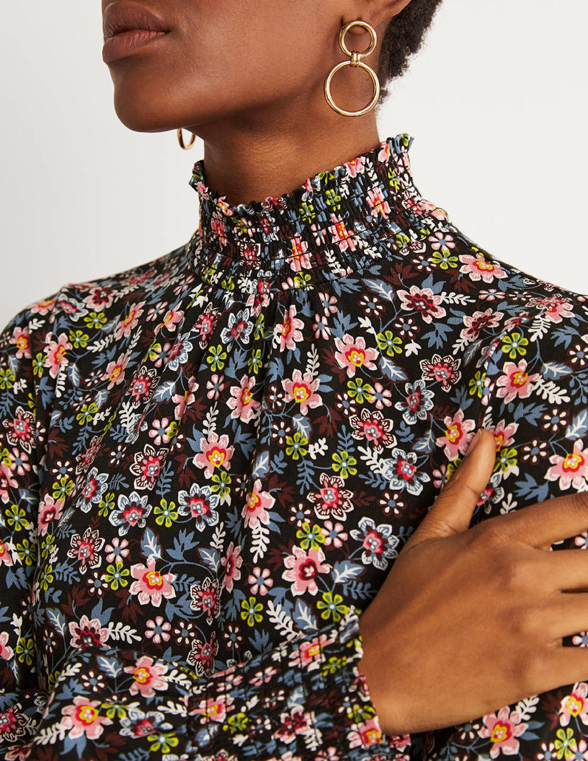 Black Floral High-Neck Shift Dress-Black, Opulent Leaf-2