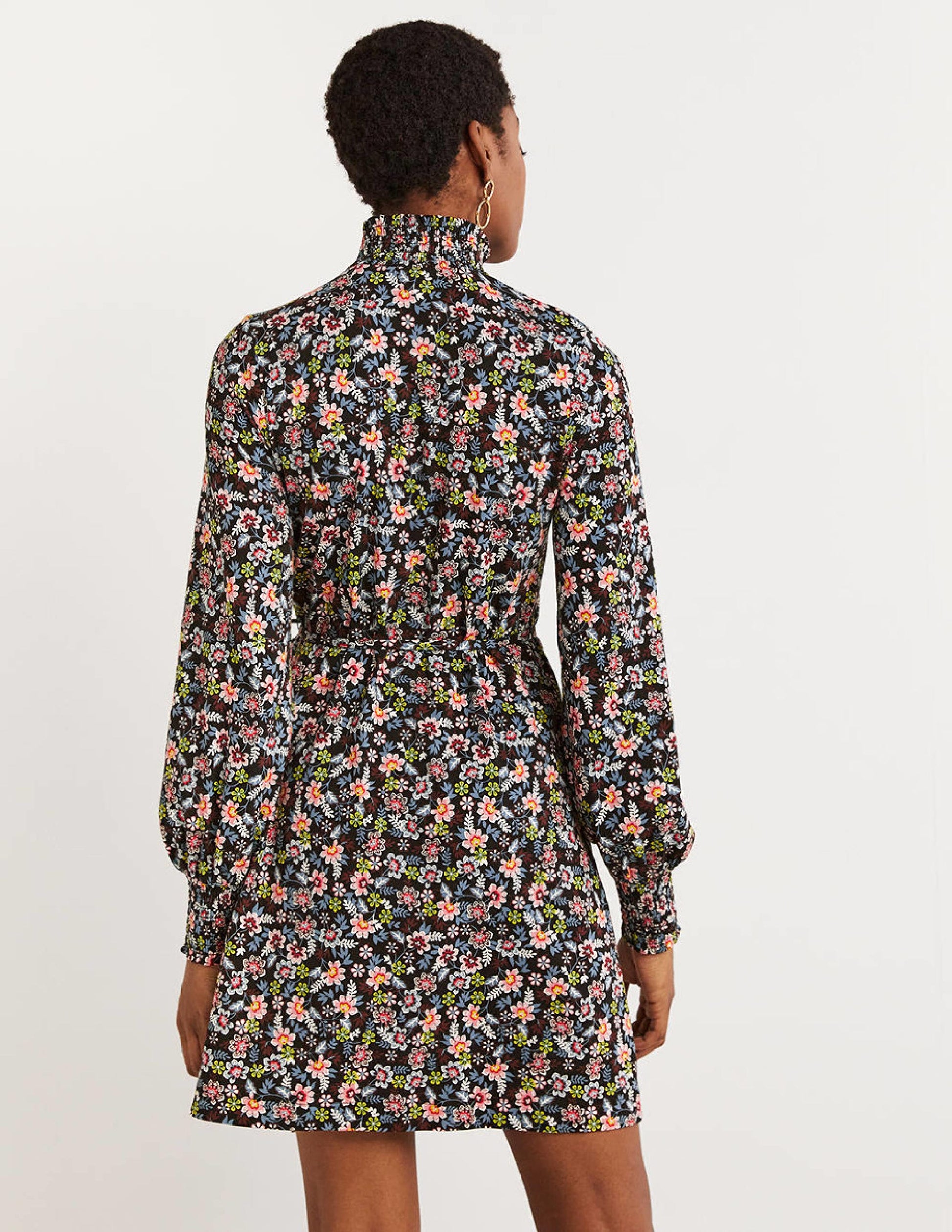 Black Floral High-Neck Shift Dress-Black, Opulent Leaf-3