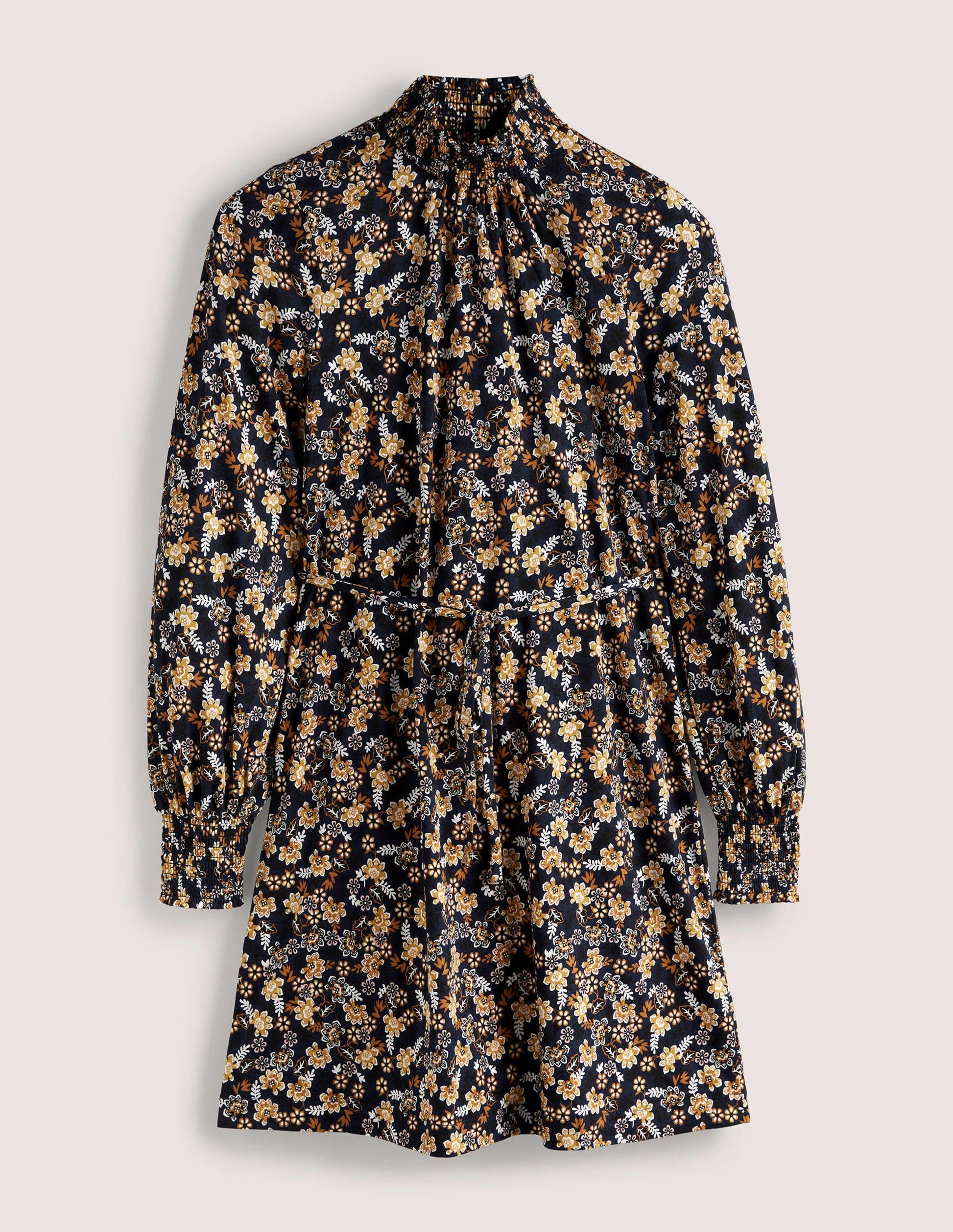 Navy Floral High-Neck Shift Dress-French Navy, Opulent Leaf-6