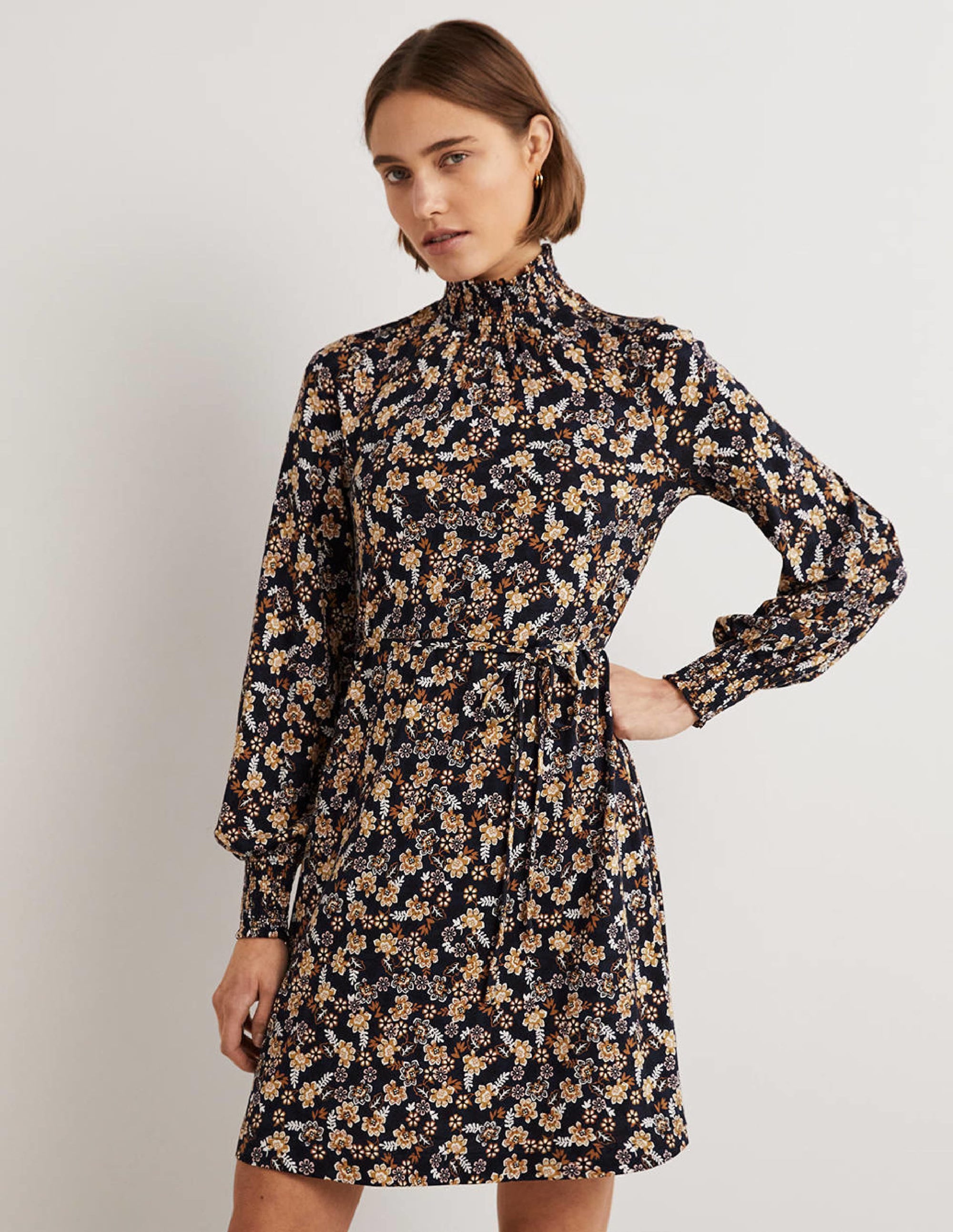 Navy Floral High-Neck Shift Dress-French Navy, Opulent Leaf - Image 1
