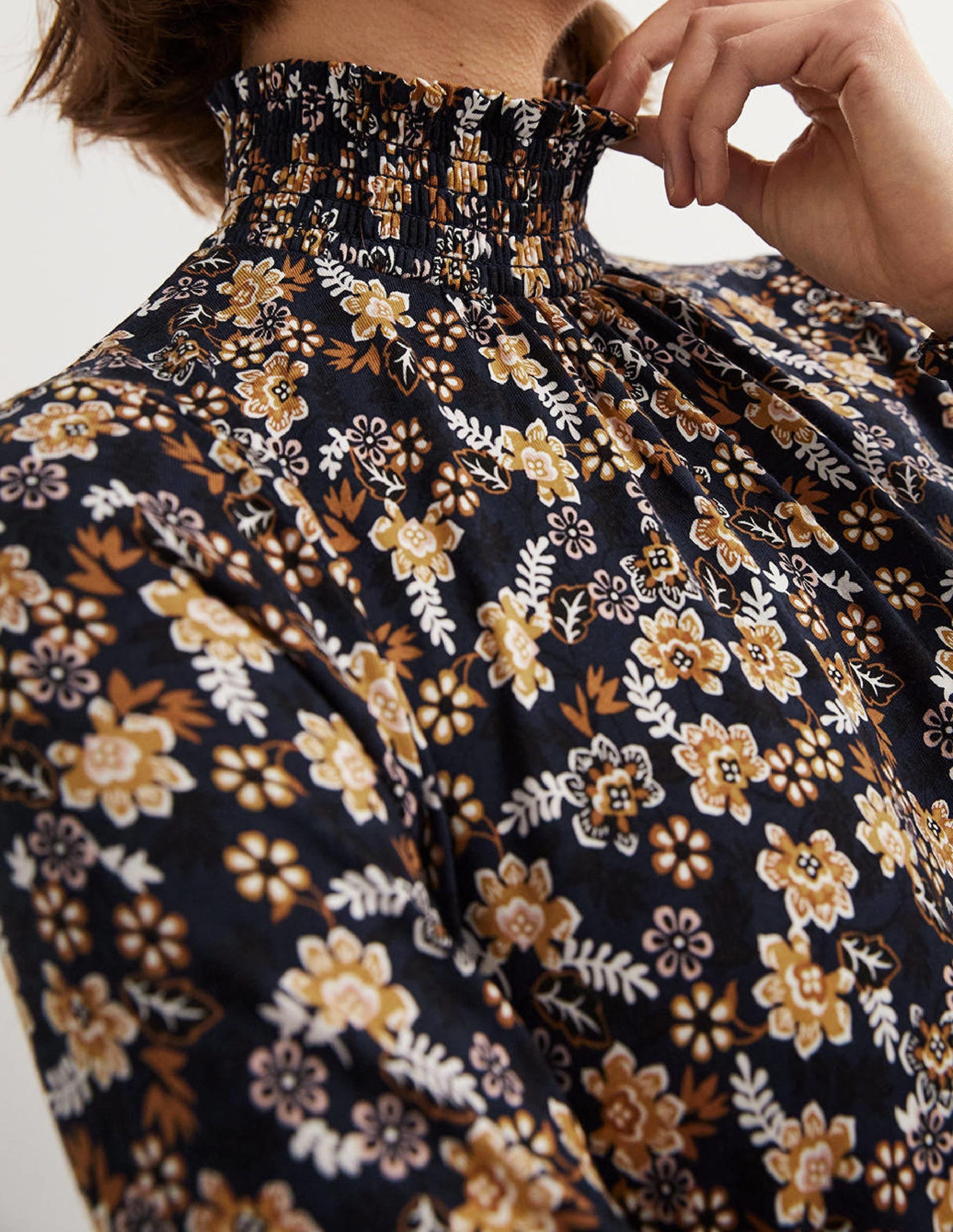 Navy Floral High-Neck Shift Dress-French Navy, Opulent Leaf-2