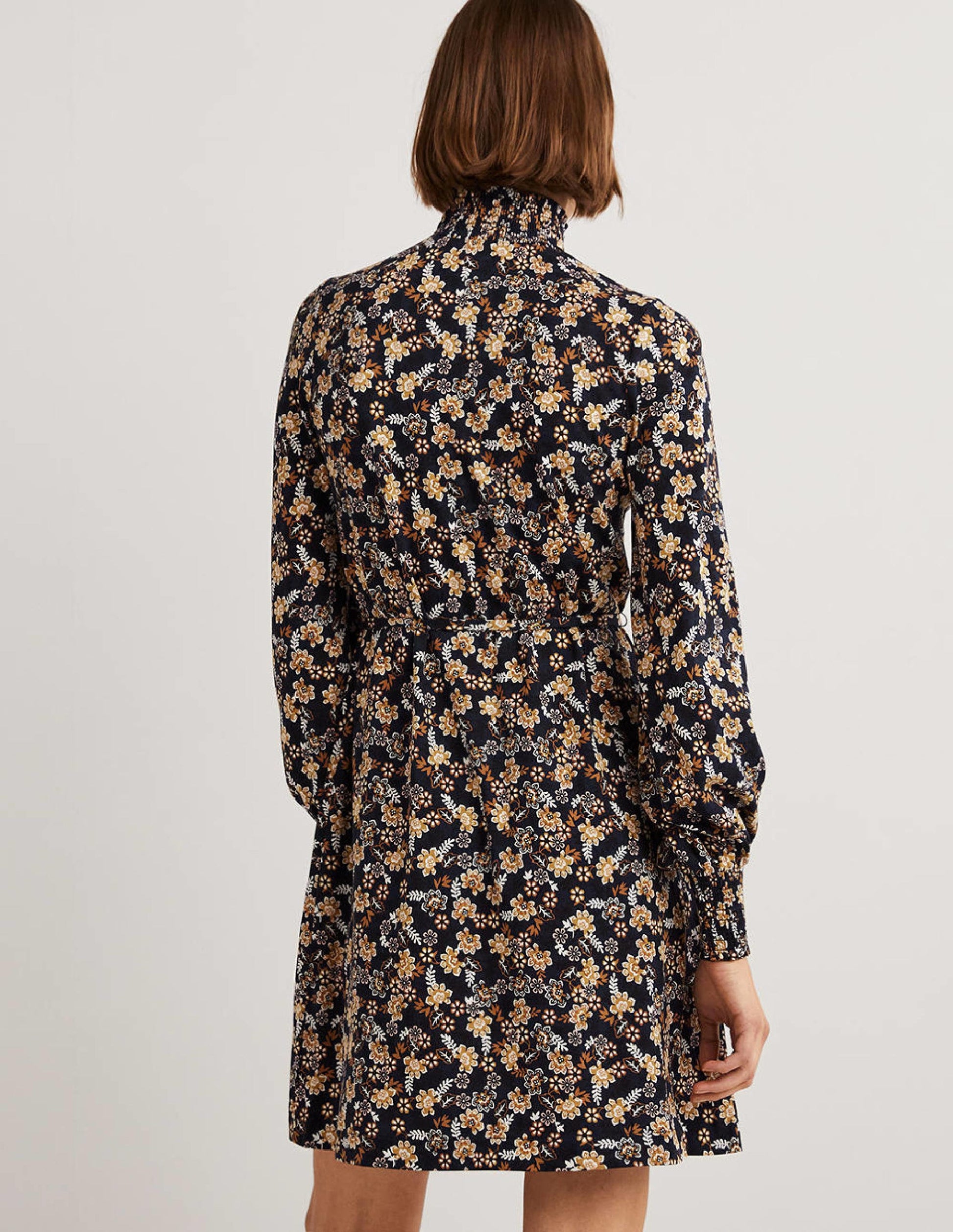Navy Floral High-Neck Shift Dress-French Navy, Opulent Leaf-3