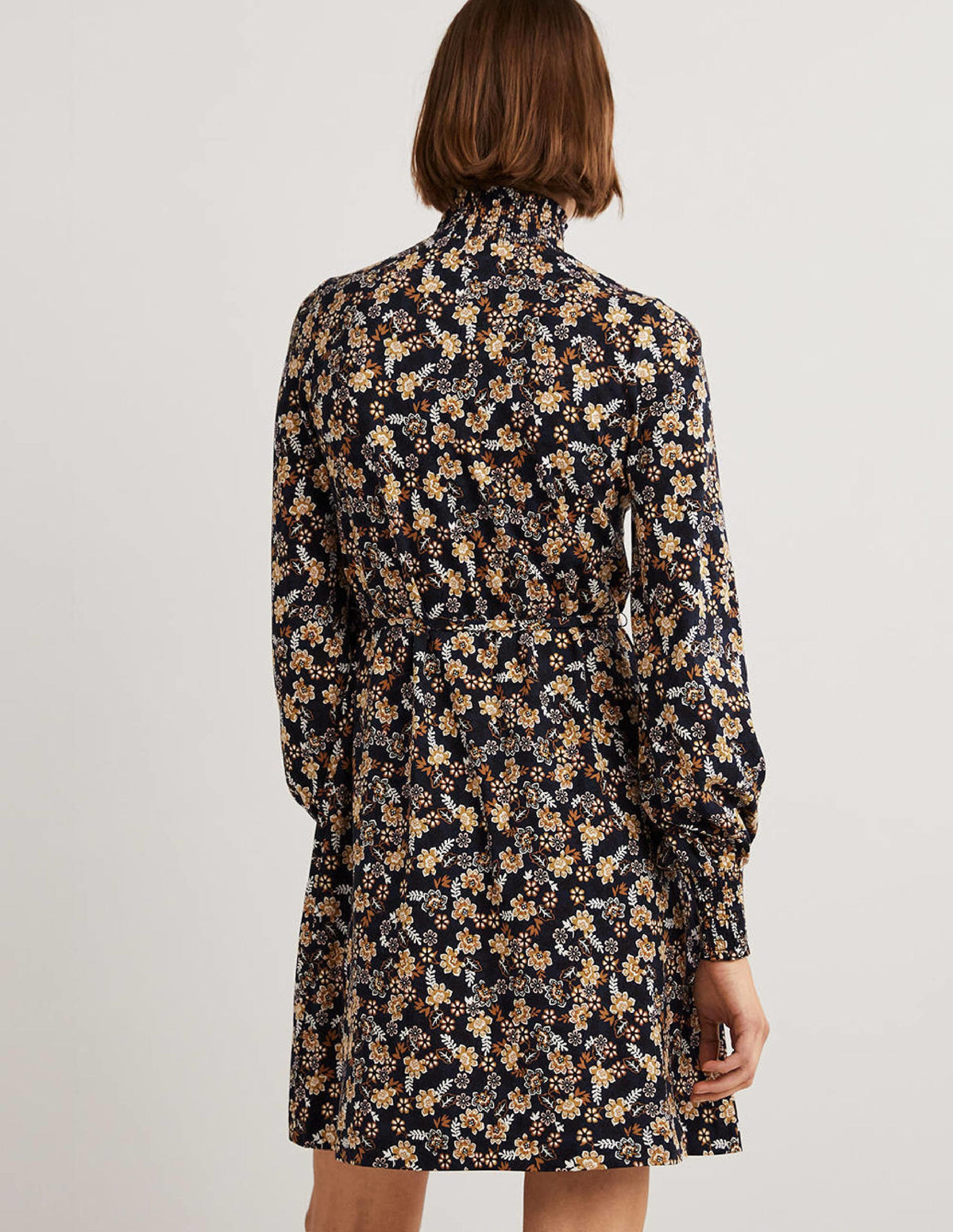 Navy Floral High-Neck Shift Dress-French Navy, Opulent Leaf - Image 3