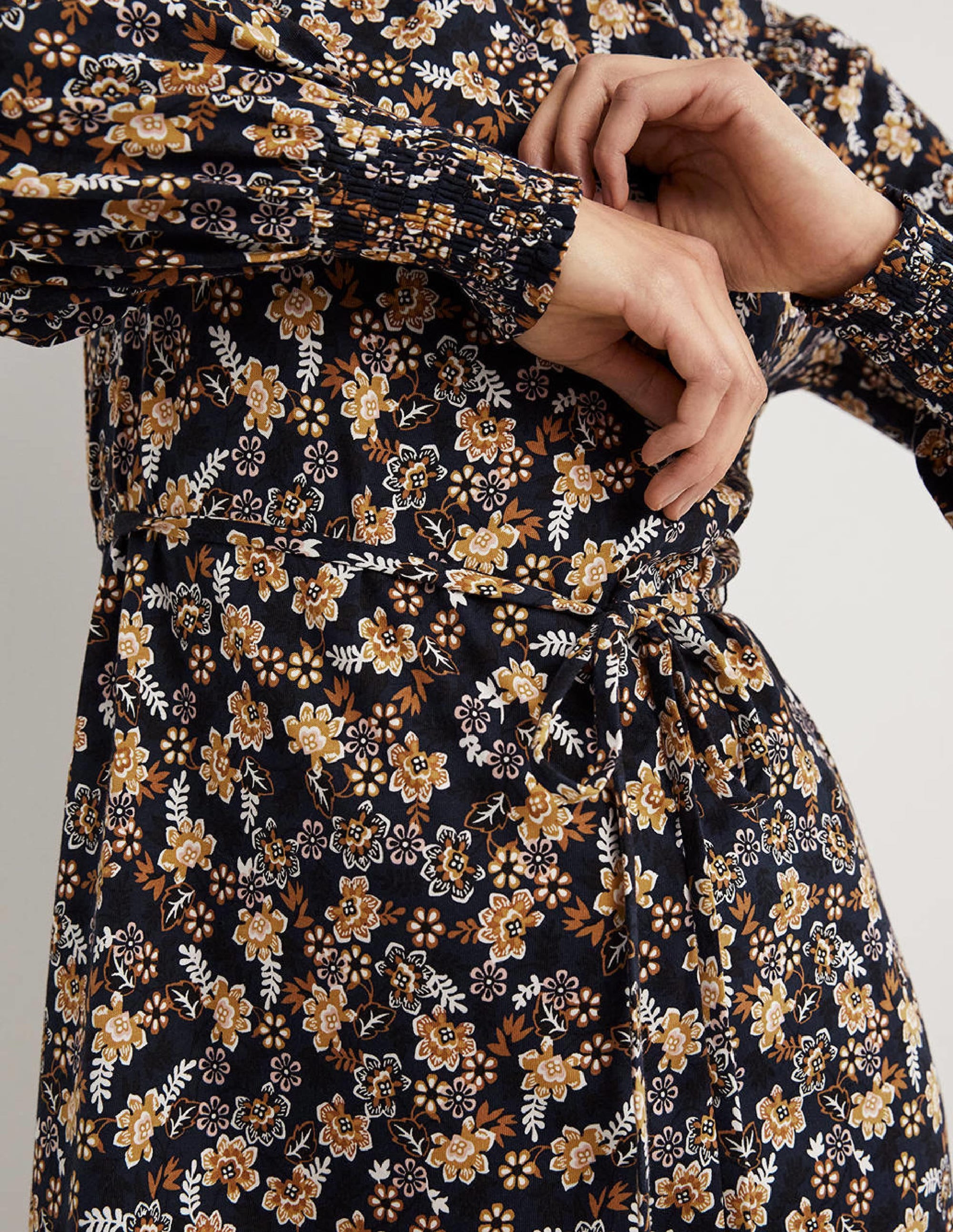 Navy Floral High-Neck Shift Dress-French Navy, Opulent Leaf - Image 4