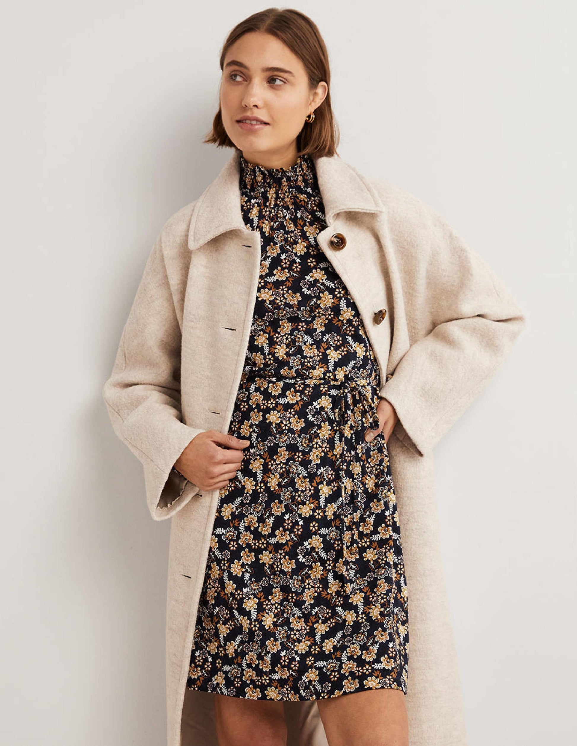 Navy Floral High-Neck Shift Dress-French Navy, Opulent Leaf-5
