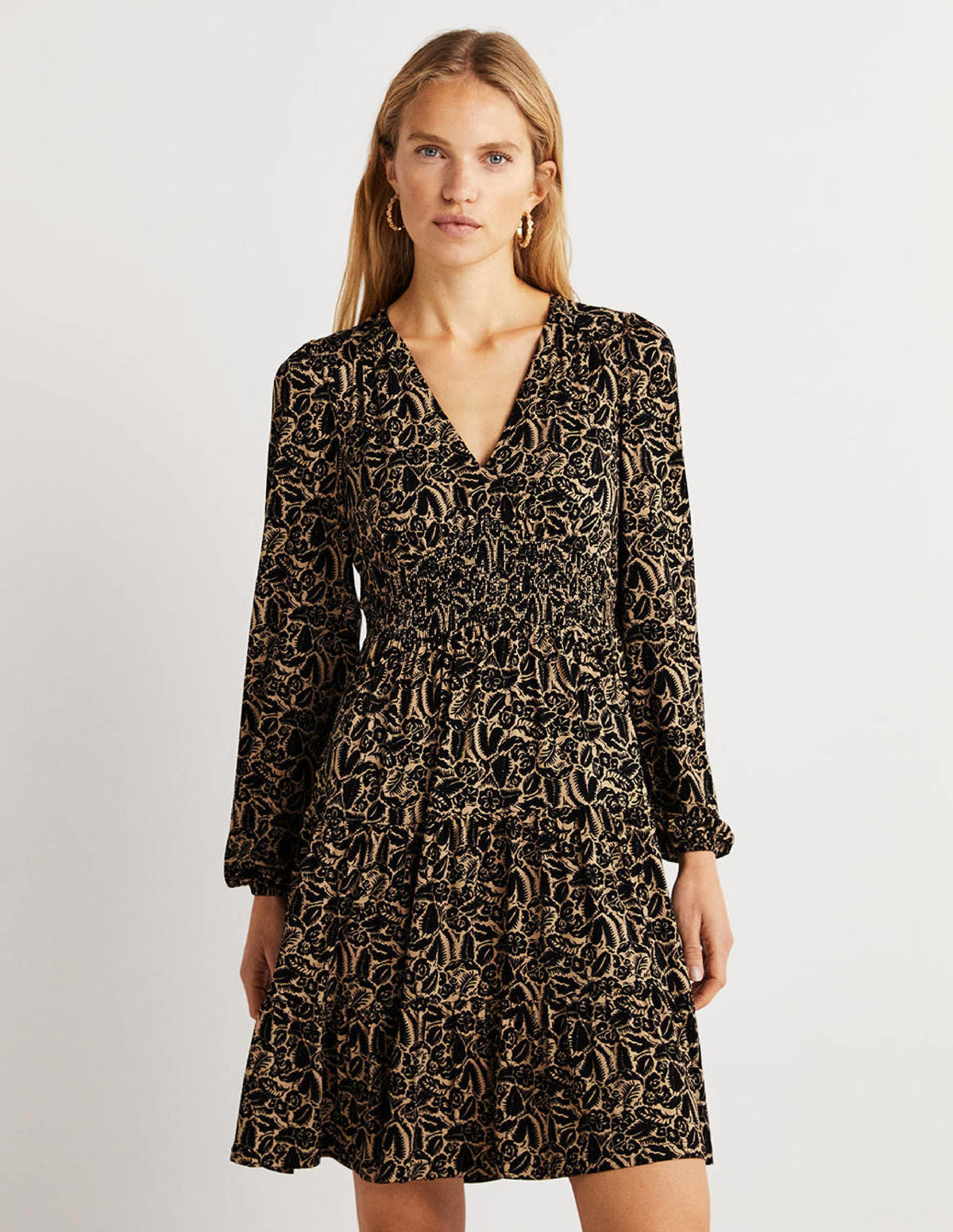 Tiered Jersey Mini Dress-Cornstalk, Abstract Garden-1