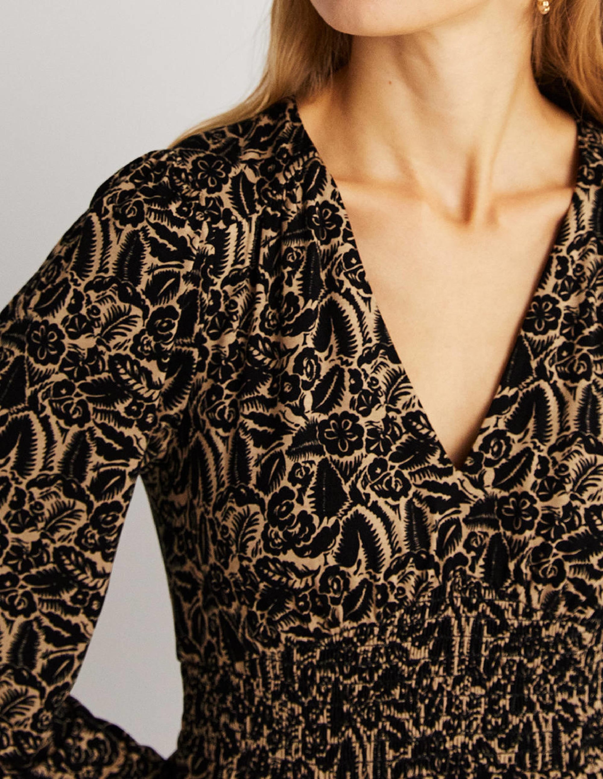Tiered Jersey Mini Dress-Cornstalk, Abstract Garden - Image 2