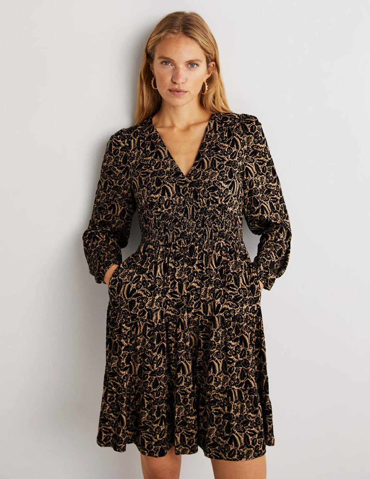 Tiered Jersey Mini Dress-Cornstalk, Abstract Garden-4