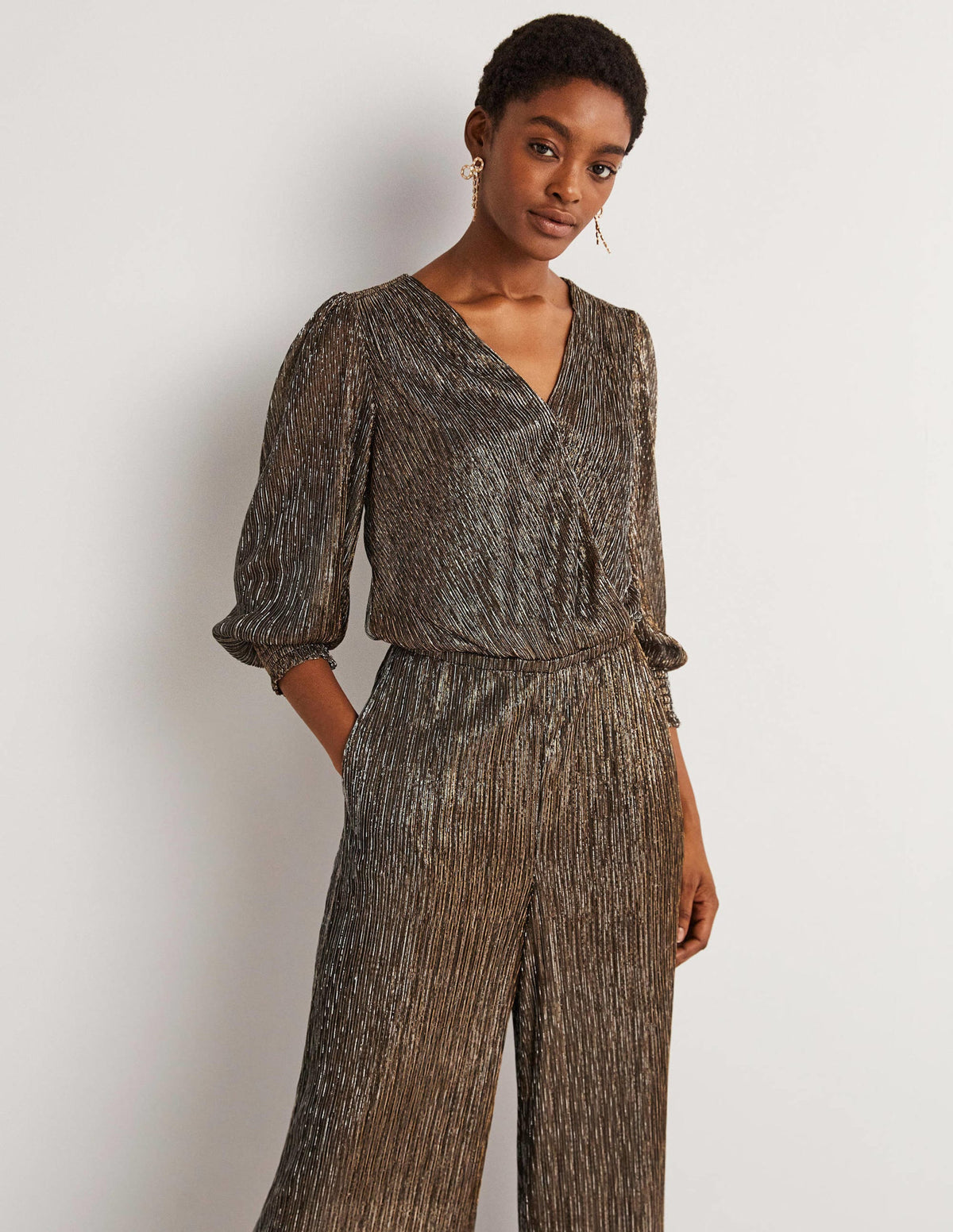 Plisse Palazzo Jumpsuit-Gold, Black Lurex-4