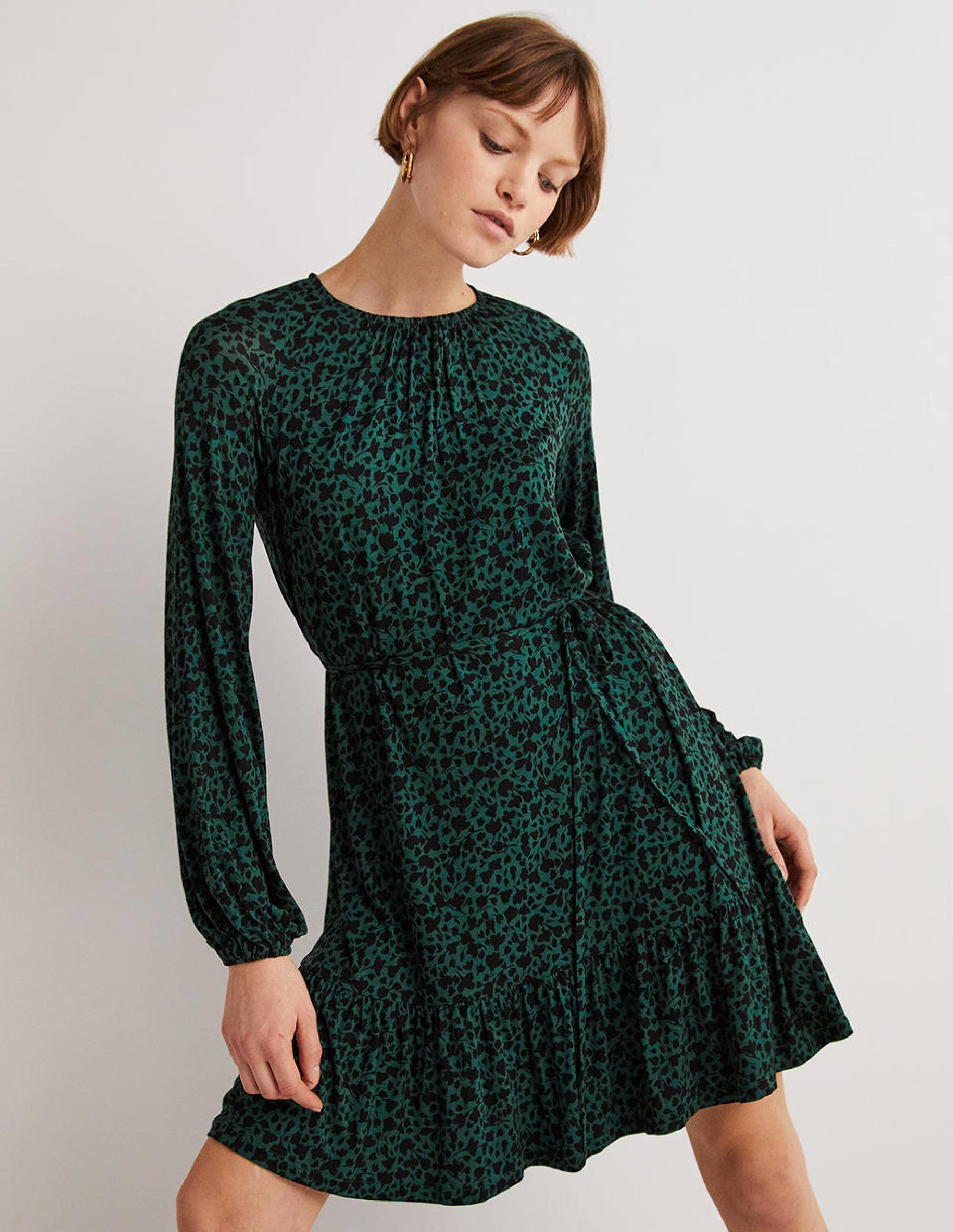 Crew Neck Jersey Mini Dress-Hunter Green, Meadow Sprig - Image 1