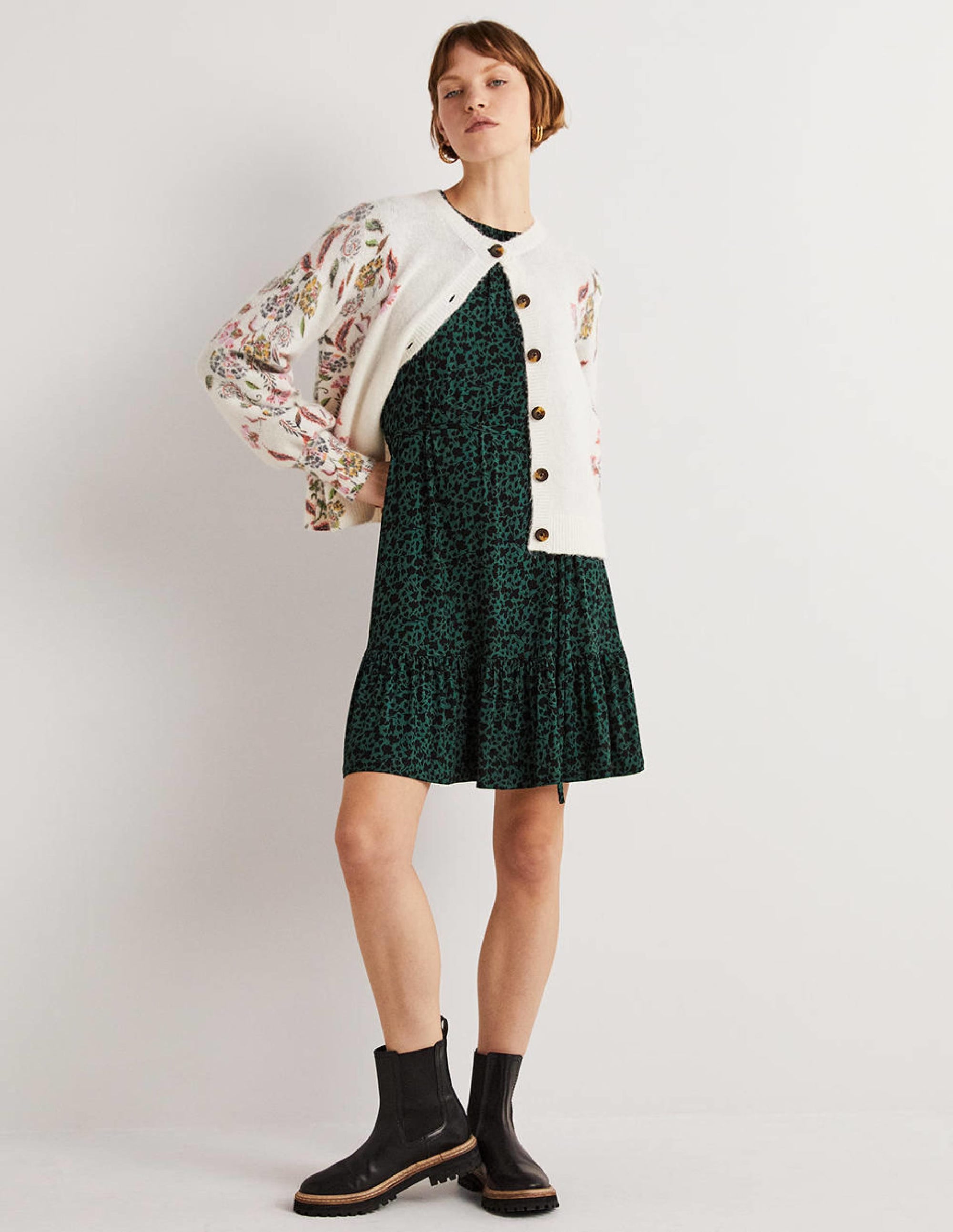 Crew Neck Jersey Mini Dress-Hunter Green, Meadow Sprig - Image 5