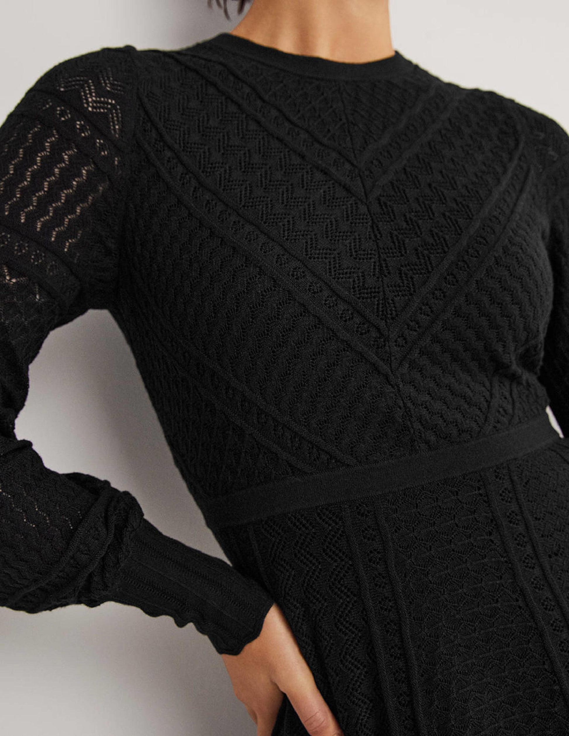 Pointelle Knitted Mini Dress-Black-2