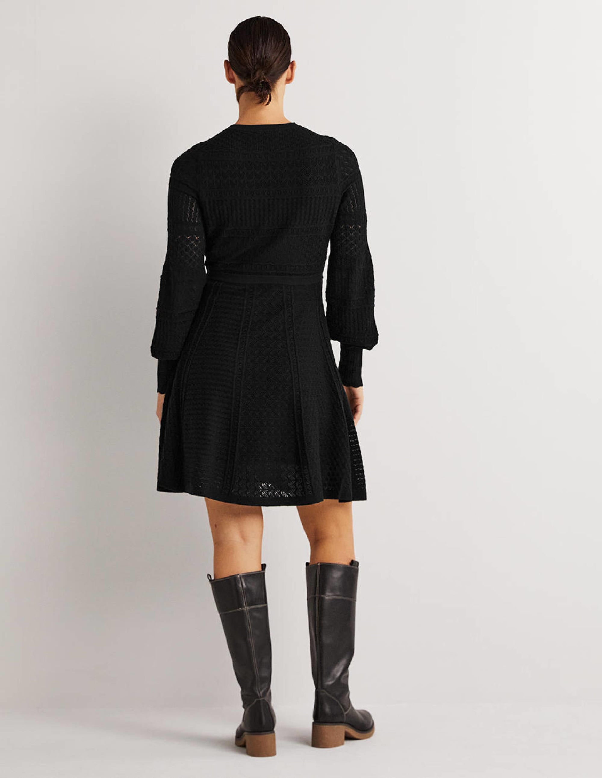 Pointelle Knitted Mini Dress-Black - Image 3
