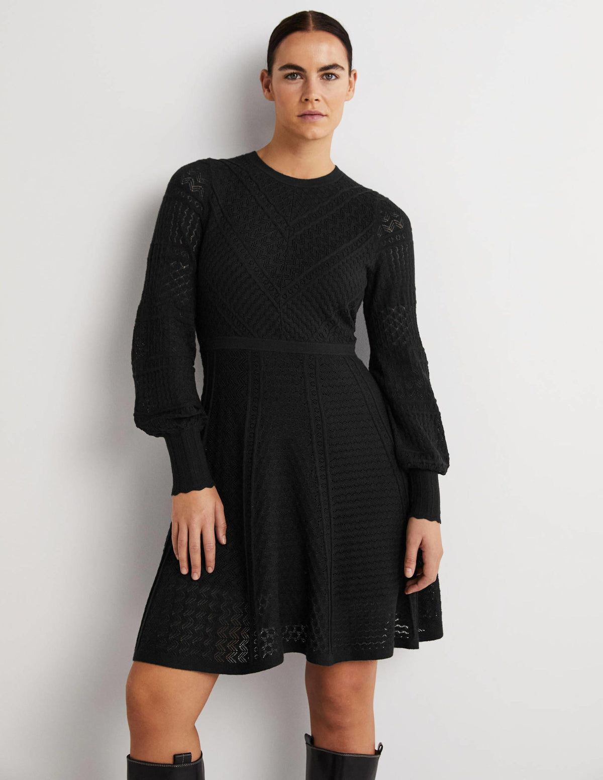 Pointelle Knitted Mini Dress-Black-4
