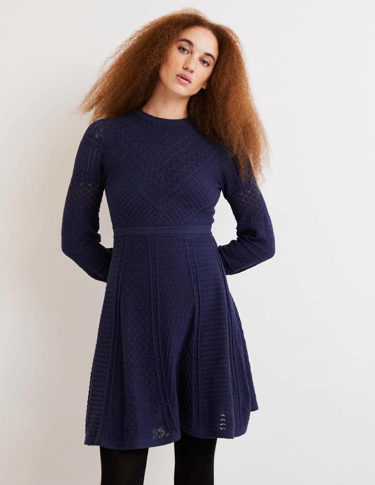 Pointelle Knitted Mini Dress-Night Blue-1