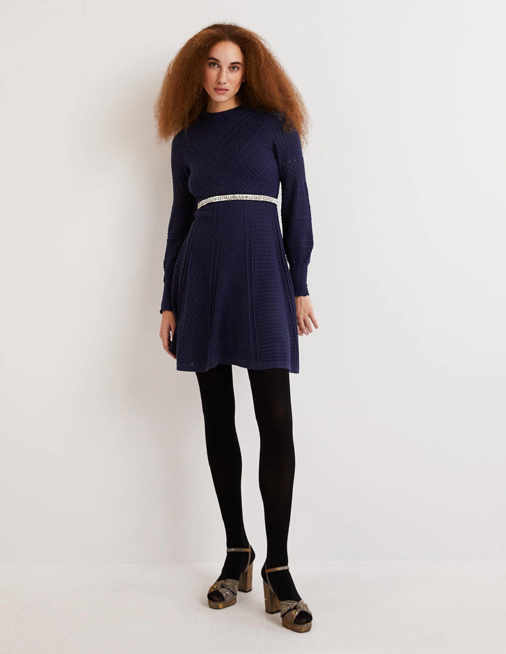 Pointelle Knitted Mini Dress-Night Blue-4