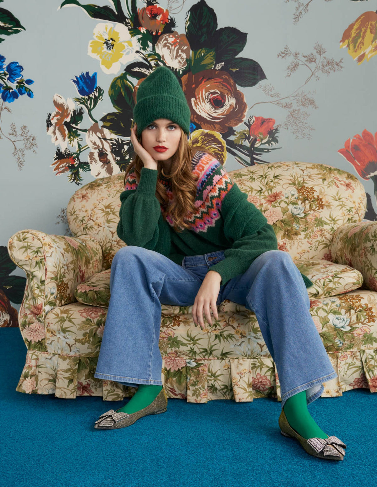 Blouson Sleeve Fluffy Sweater-Hunter Green, Fair Isle-6