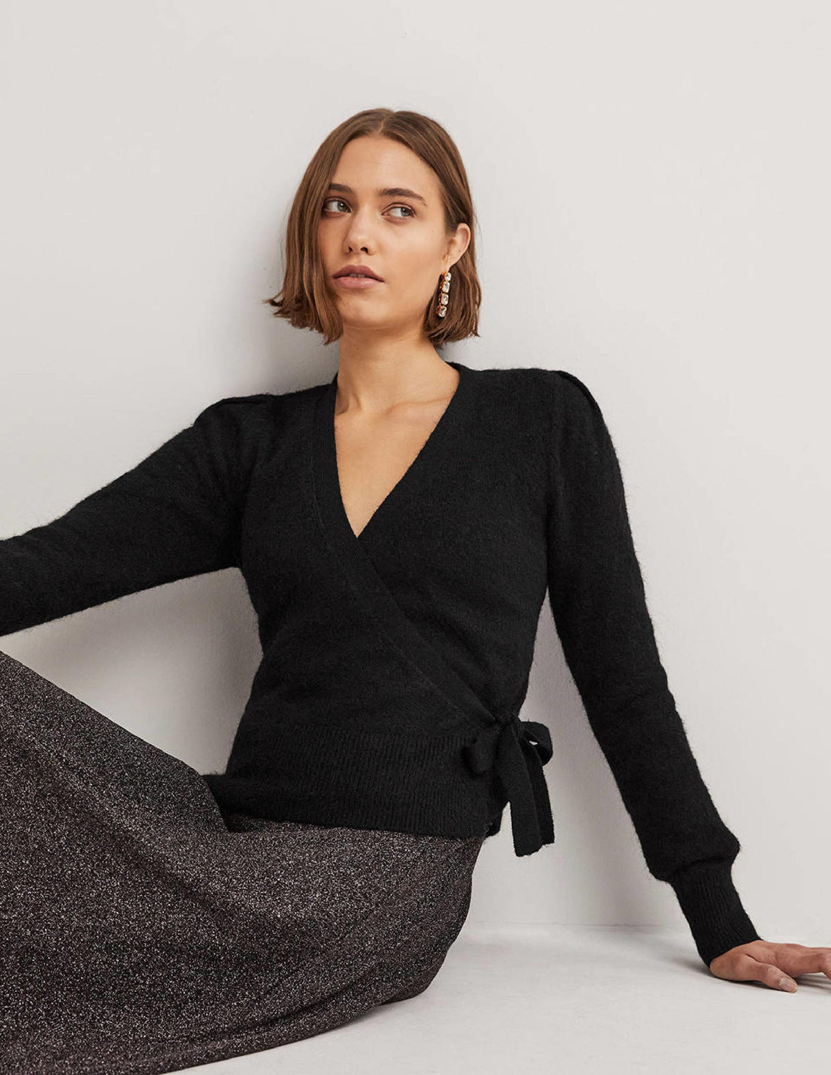 Fluffy Wrap Cardigan-Black-1