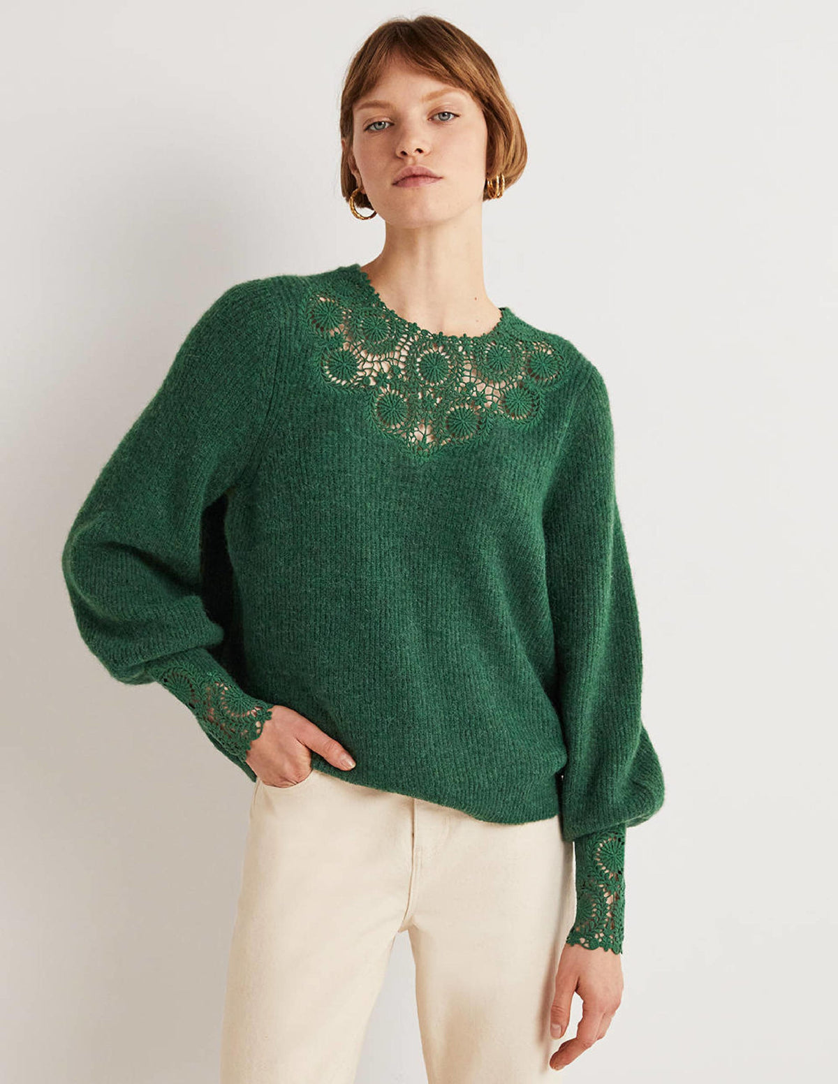 Embroidered Fluffy Sweater-Hunter Green Embroidery - Image 1