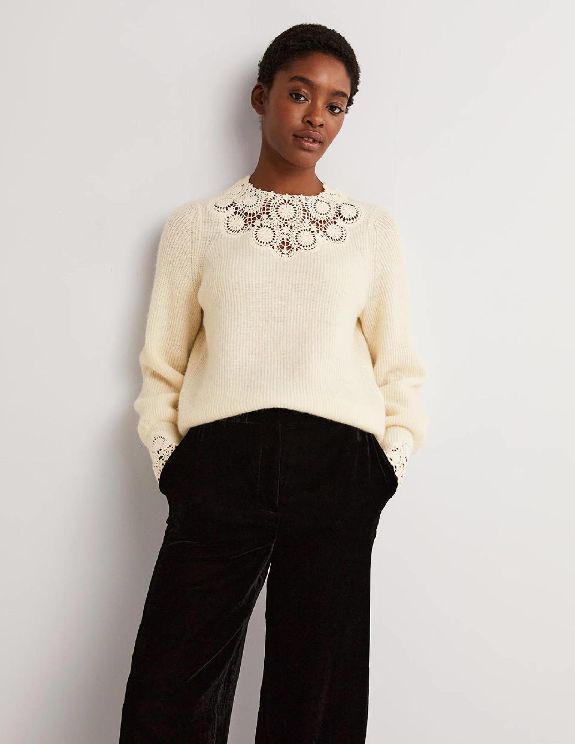 Embroidered Fluffy Sweater-Warm Ivory Embroidery - Image 1