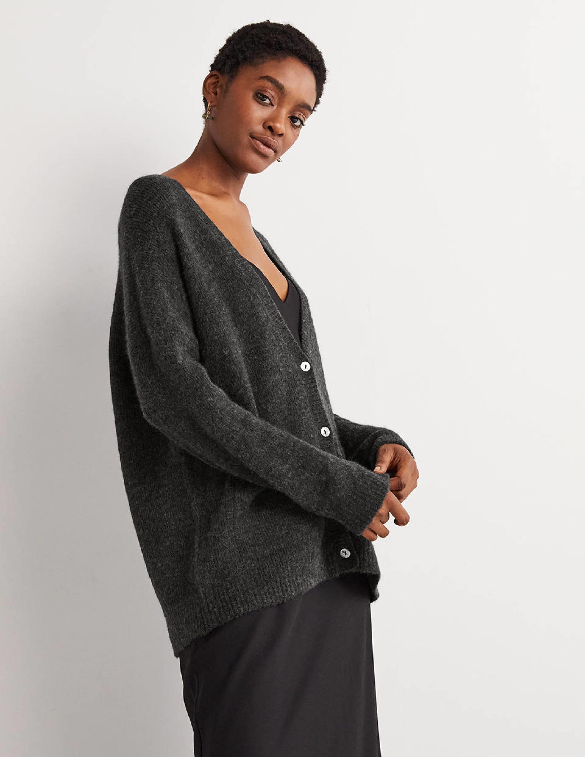 Long Fluffy Cardigan-Charcoal Melange - Image 1