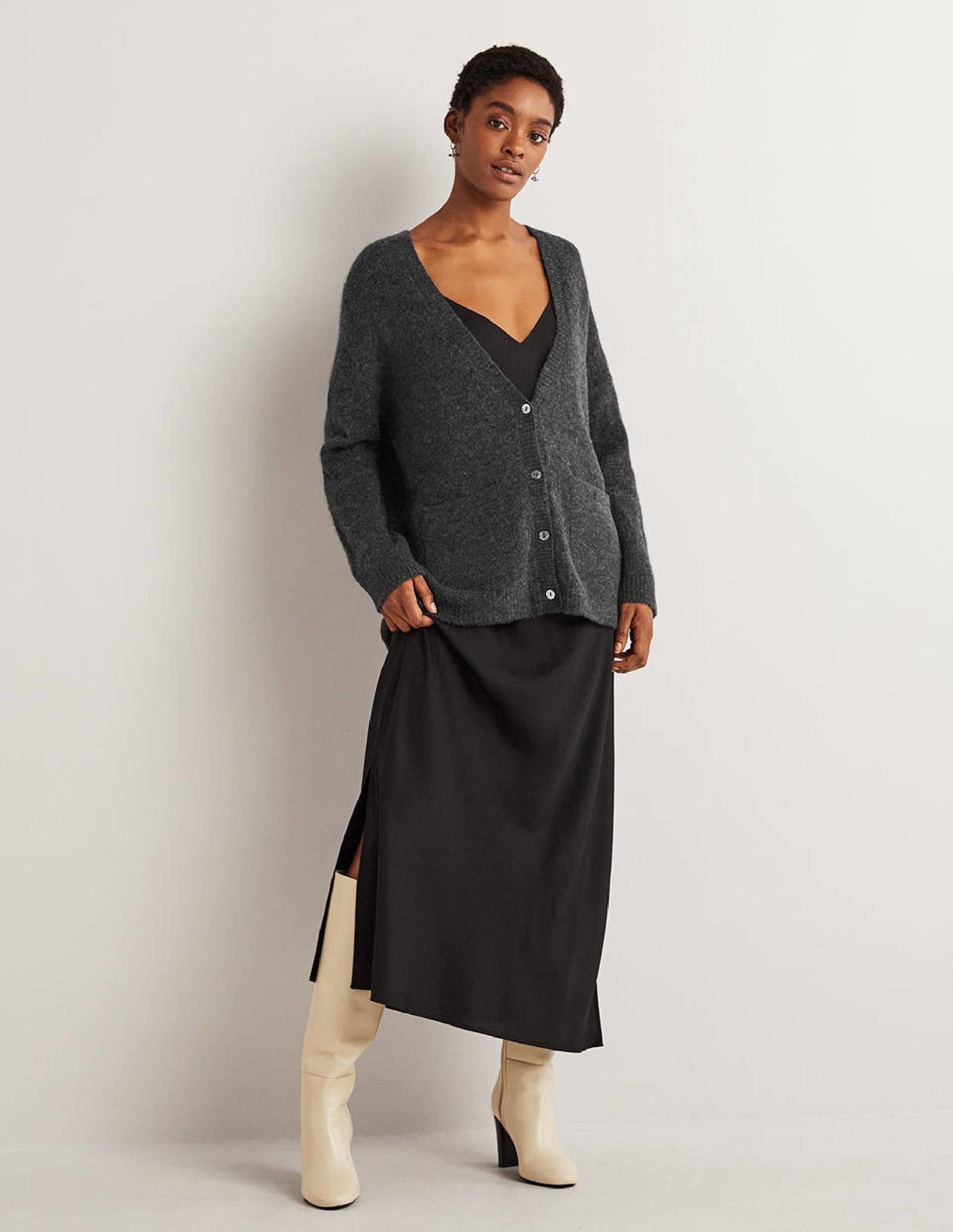Long Fluffy Cardigan-Charcoal Melange - Image 4