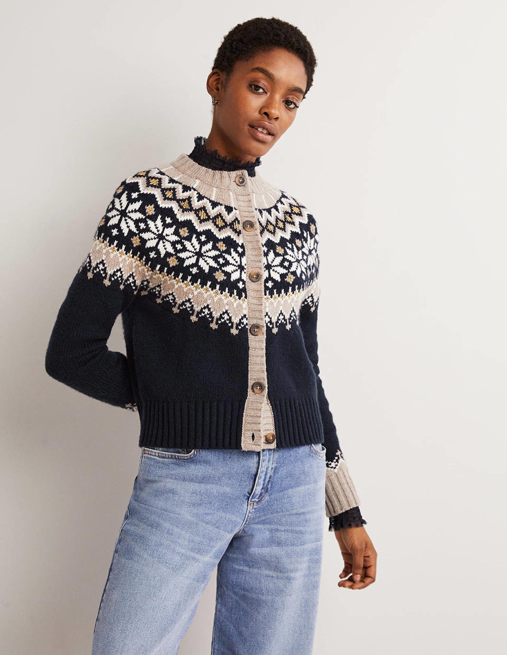 Chunky Fair Isle Cardigan-Navy, Chinchilla Fair Isle - Image 1