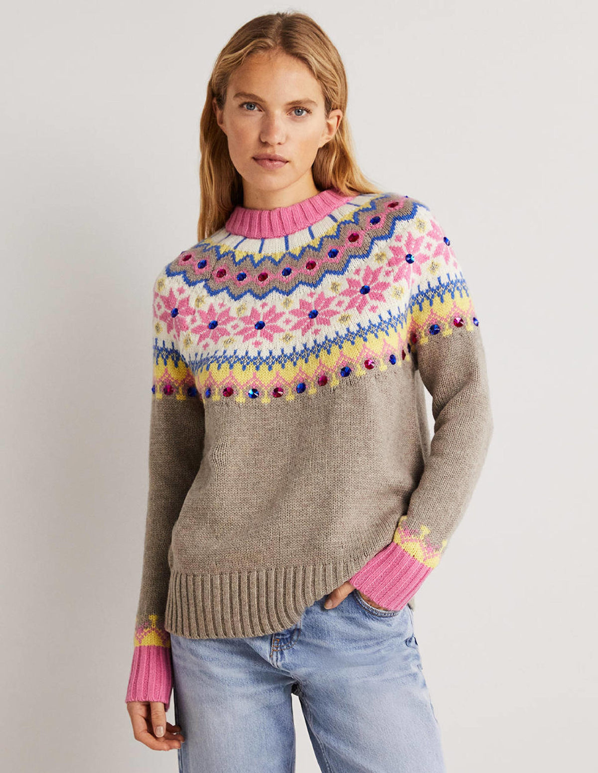 Embellished Fair Isle Sweater-Mink, Embellished Fair Isle-1