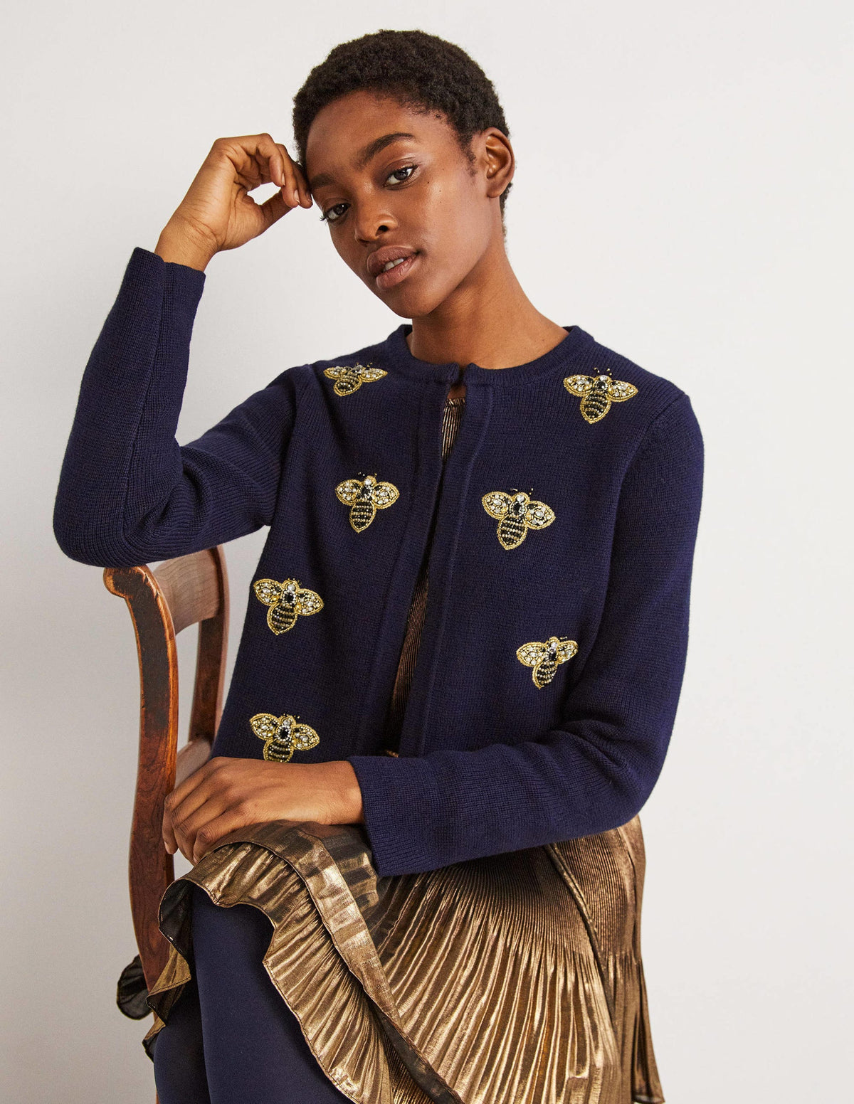 Embellished Knitted Jacket-Navy, Embellished Bees-1