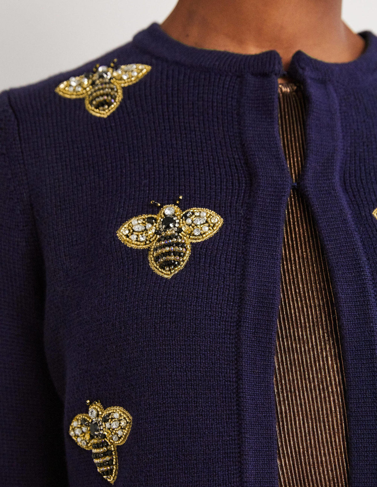 Embellished Knitted Jacket-Navy, Embellished Bees - Image 2