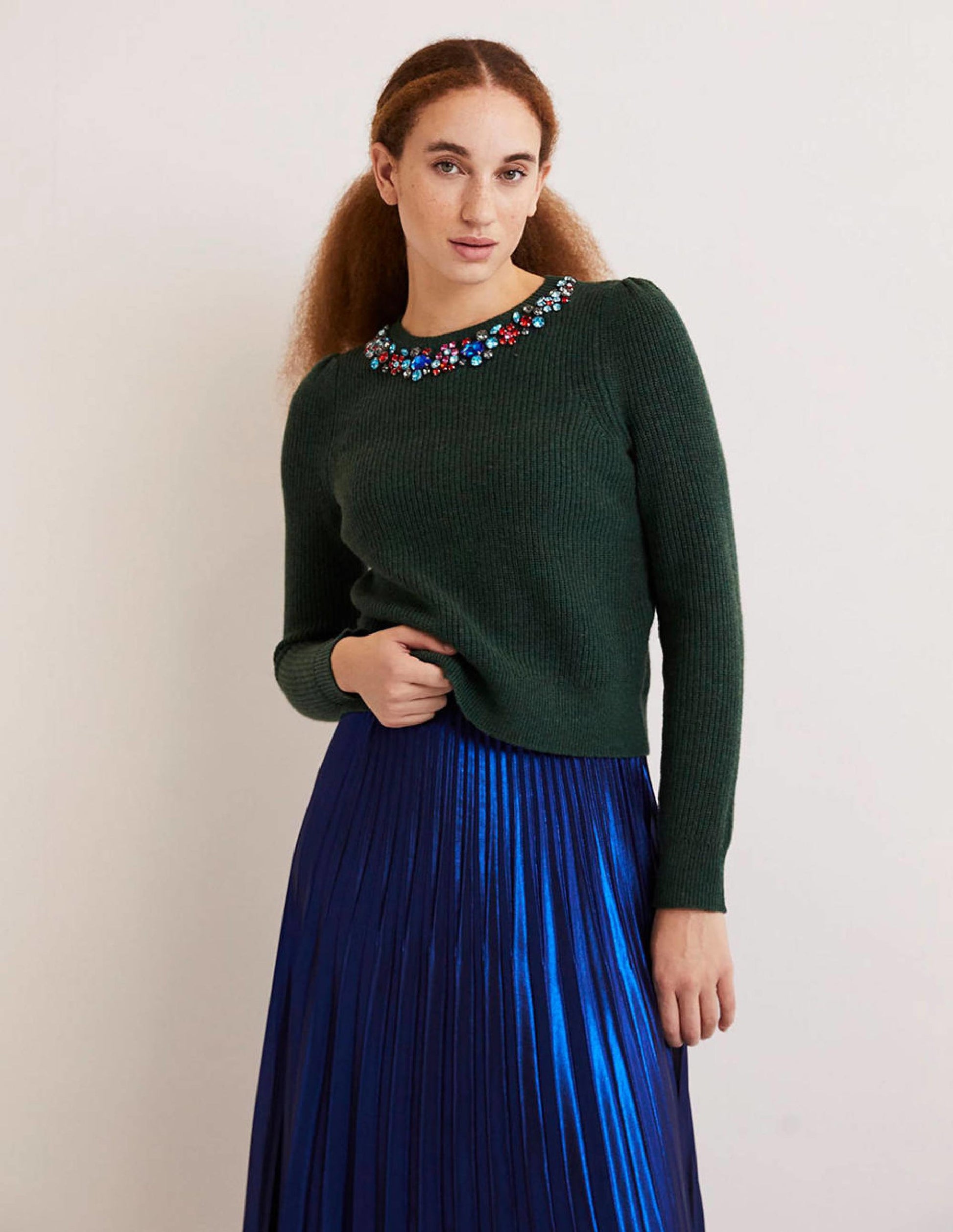 Embellished Stitch Sweater-Dark Green, Embellished Collar-1