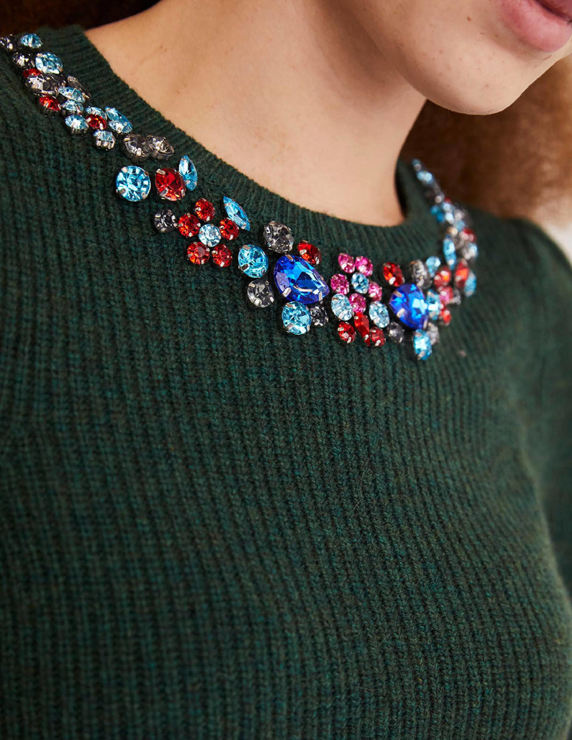 Embellished Stitch Sweater-Dark Green, Embellished Collar - Image 2