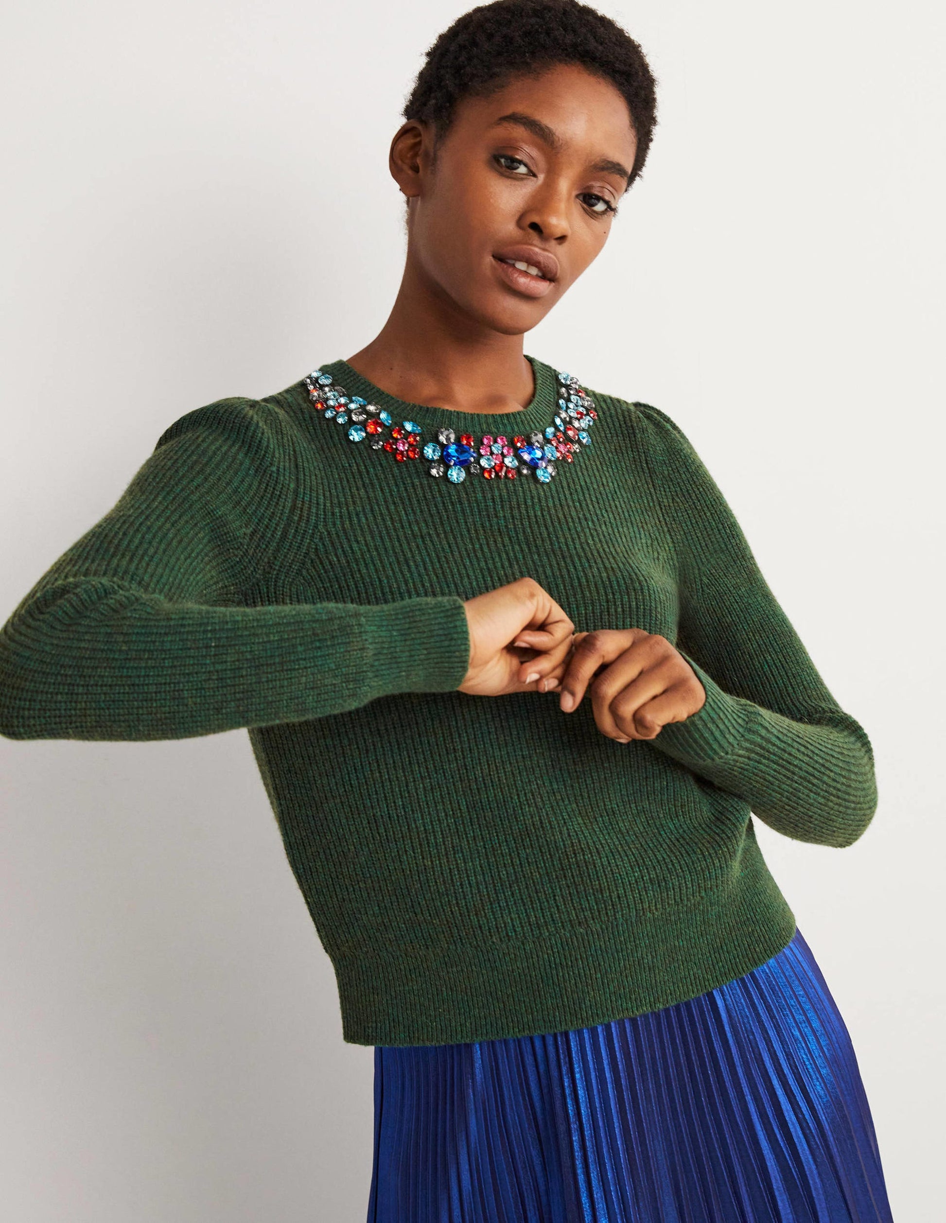 Embellished Stitch Sweater-Dark Green, Embellished Collar-5