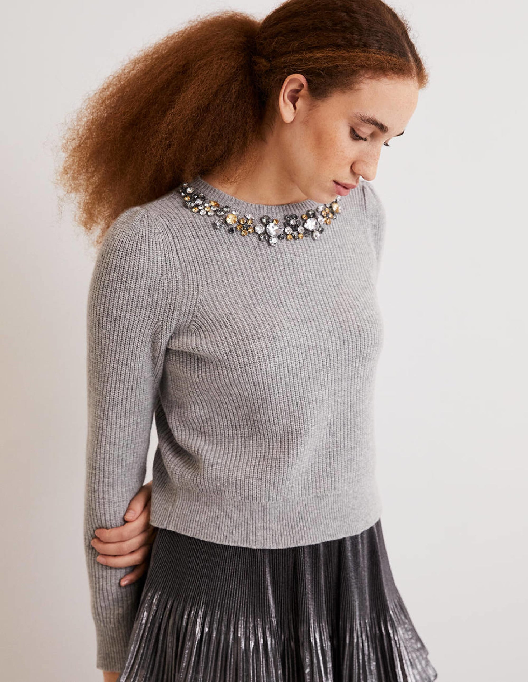 Embellished Stitch Sweater-Grey, Embellished Collar - Image 1