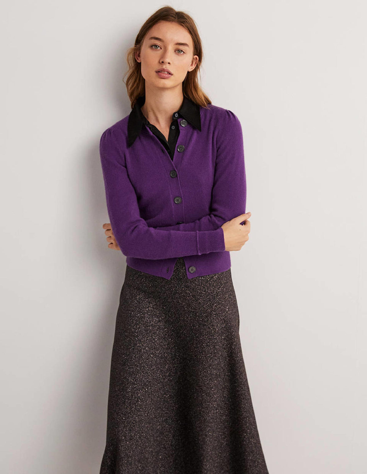 Cashmere Crew Neck Cardigan-Imperial Purple - Image 1